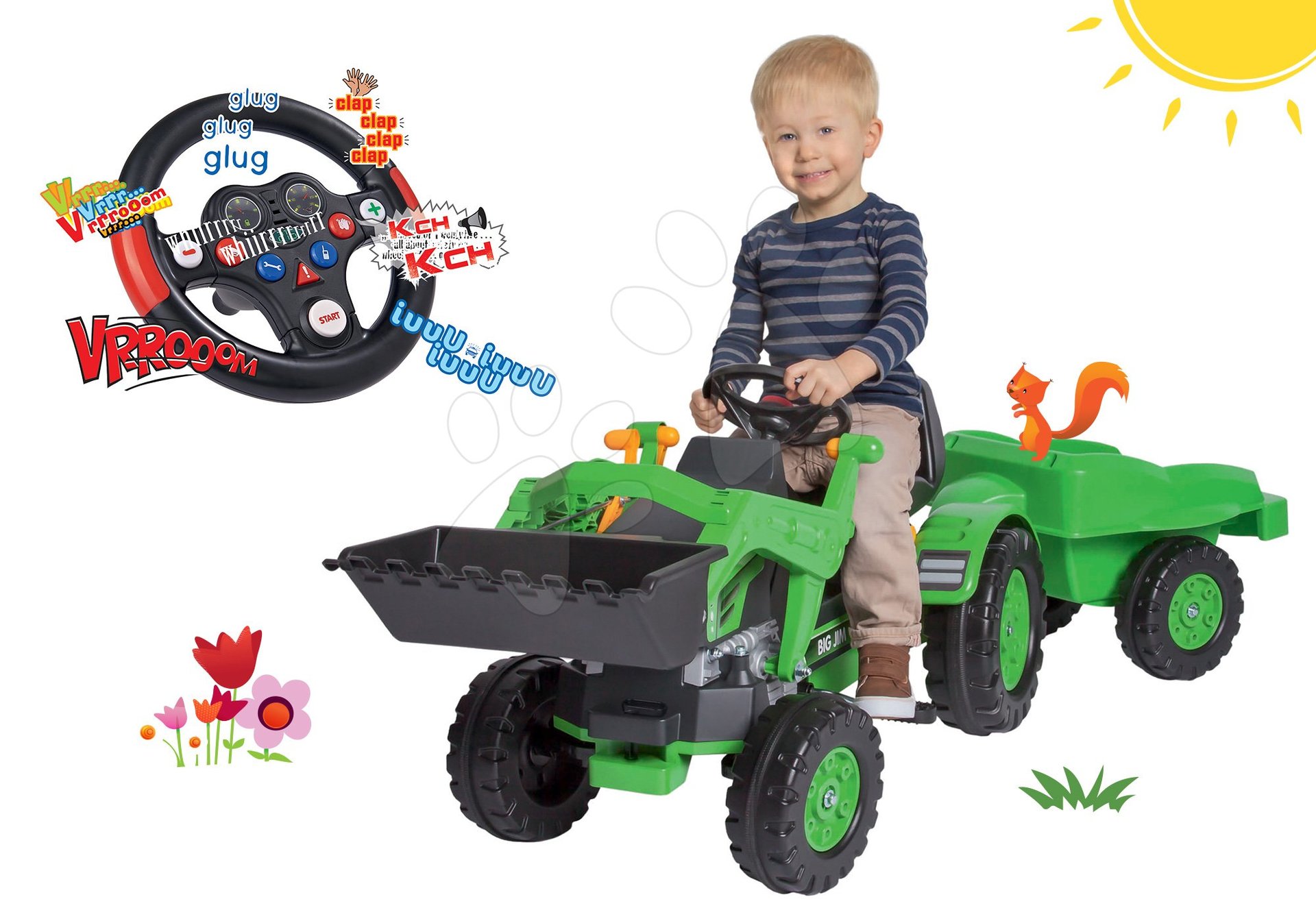 BIG set šlapací traktor Jim Loader s nakladačem a přívěsem a interaktivní volant Závody se zvukem a 