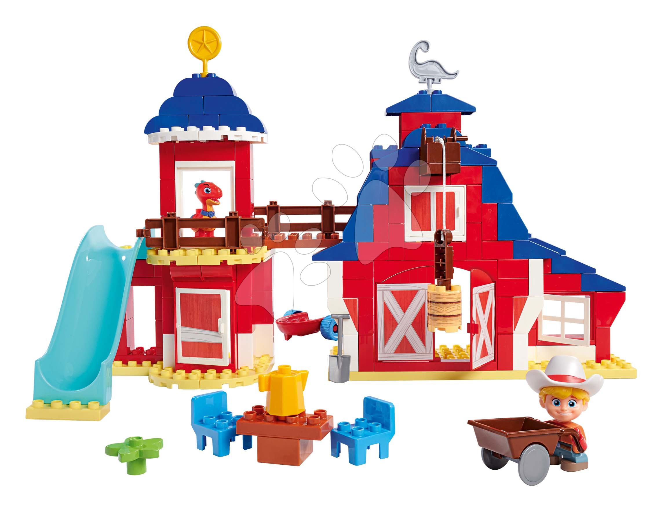 Építőjáték Dino Ranch Clubhouse PlayBig Bloxx BIG klubház csúszdával és 2 figurával 168 darabos 1,5-5 éves korosztálynak