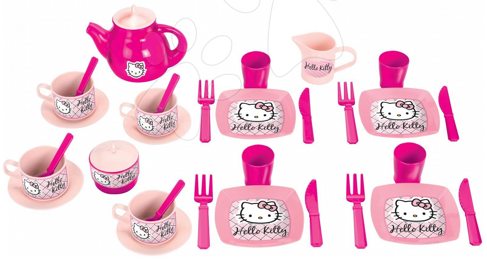 Riadíky a doplnky kuchynky - Ružová čajová súprava Écoiffier veľká Hello Kitty 33 ks