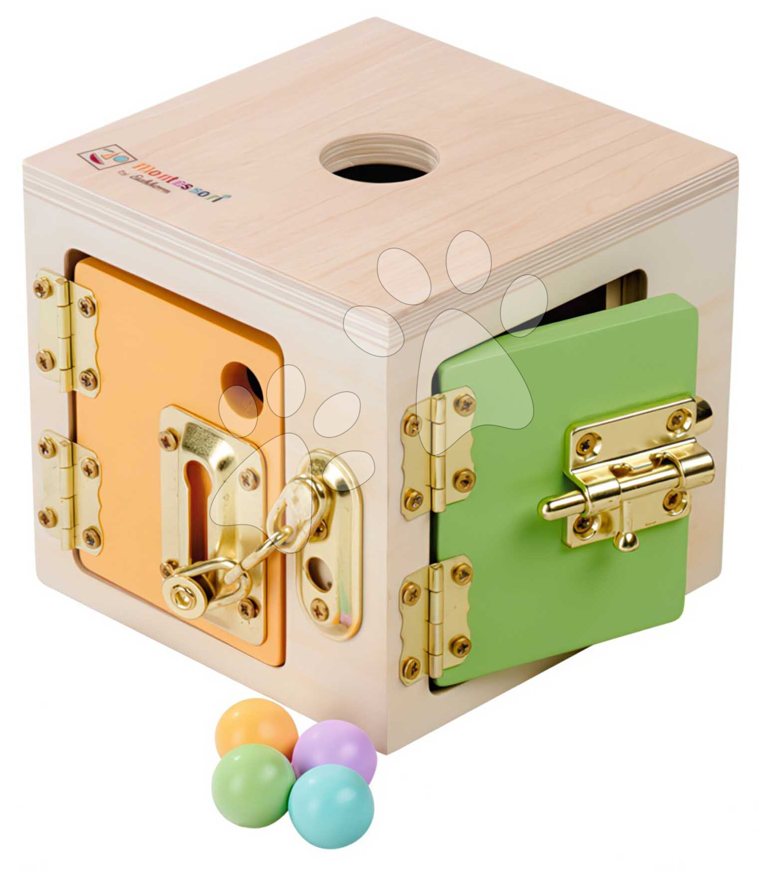 Fa fejlesztőkocka zárrendszerrel Montessori Lock Cube Eichhorn 4 különböző zármechanizmusok 3 éves kortól