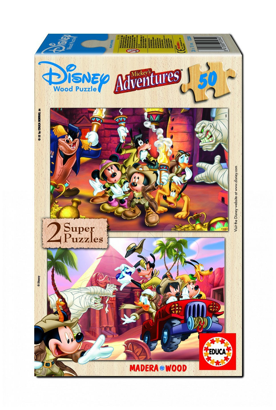 Drevené Disney puzzle - Drevené puzzle Mickeyho dobrodružstvá Educa 2x 50 dielov od 5 rokov