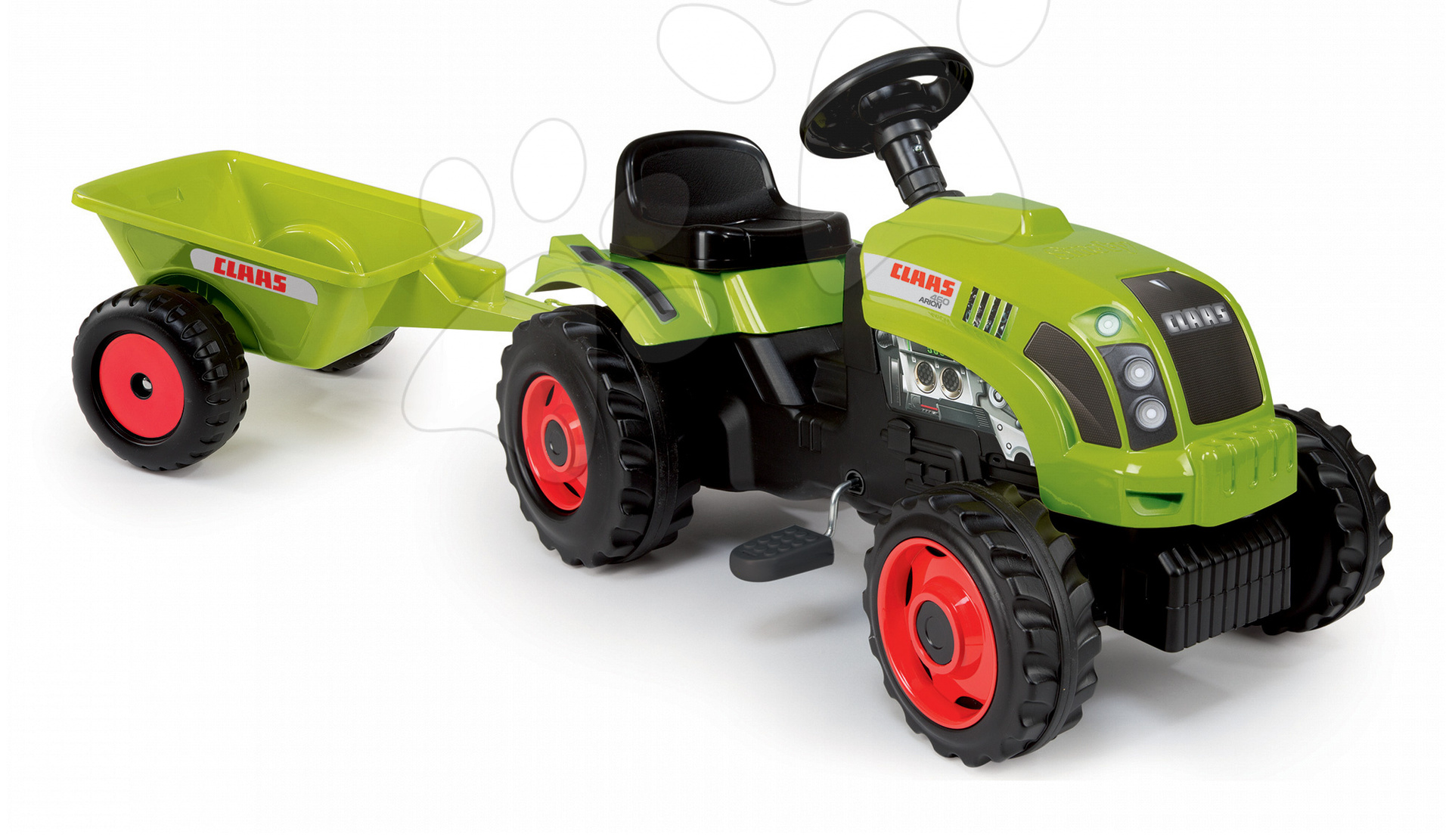 Voitures à pédales pour enfants - Tracteur à pédale Claas GM Smoby avec une remorque verte