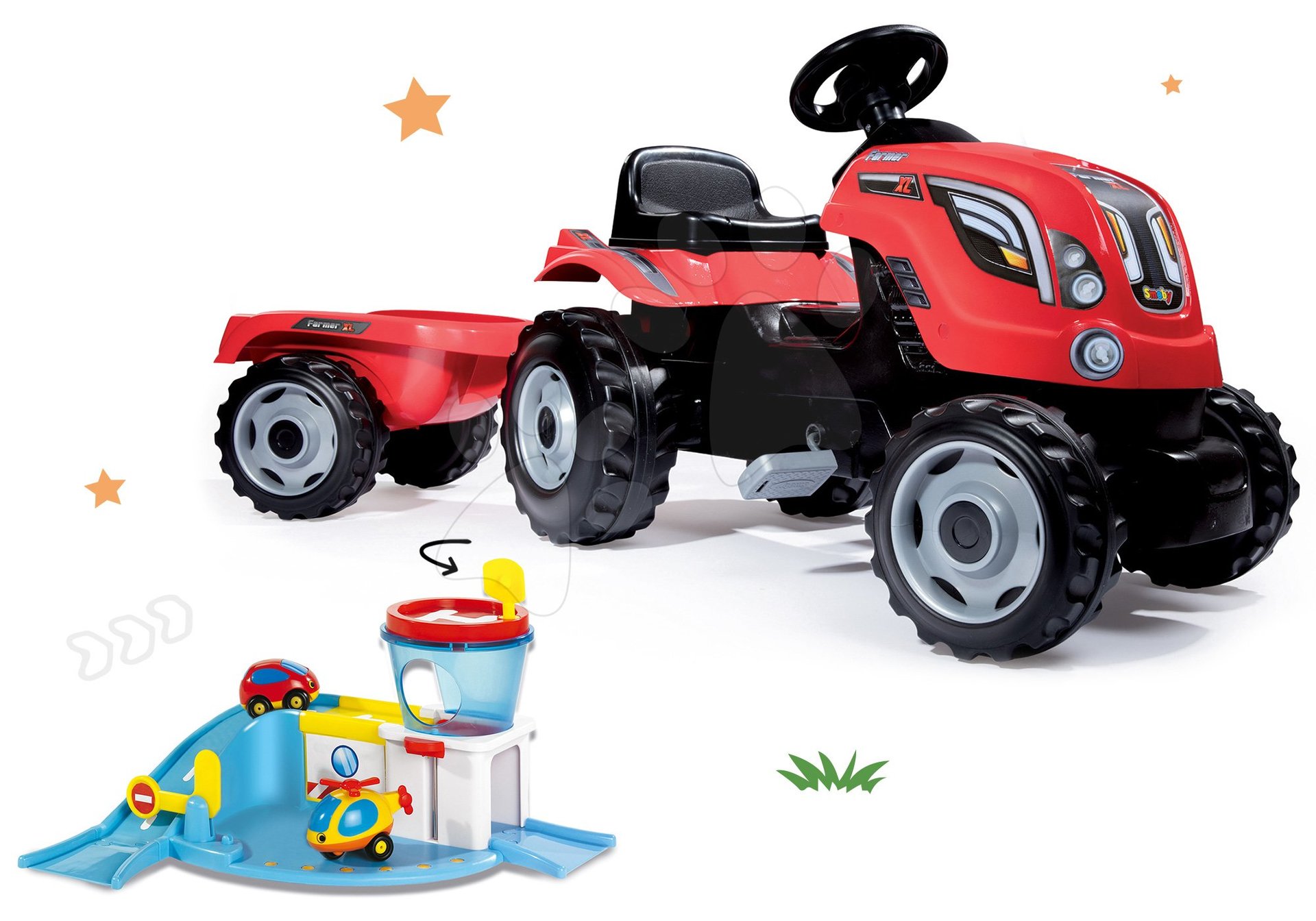Smoby set traktor na šliapanie Farmer XL s prívesom a letisko Vroom Planet s autíčkom a lietadlom 710108-4