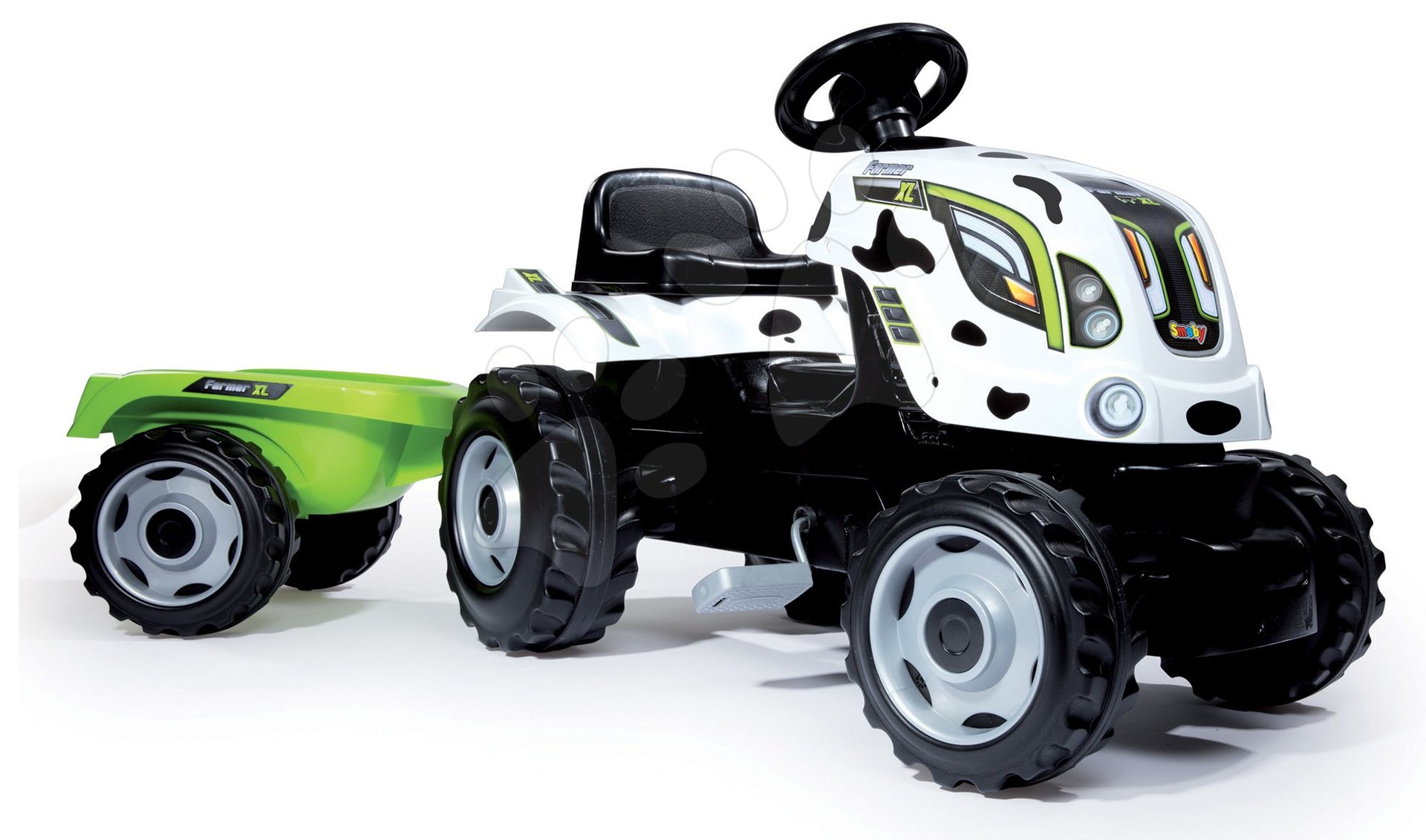 Pedálos gyermekjárművek - Pedálos traktor Farmer XL Tehénke Smoby pótkocsival fehér-fekete