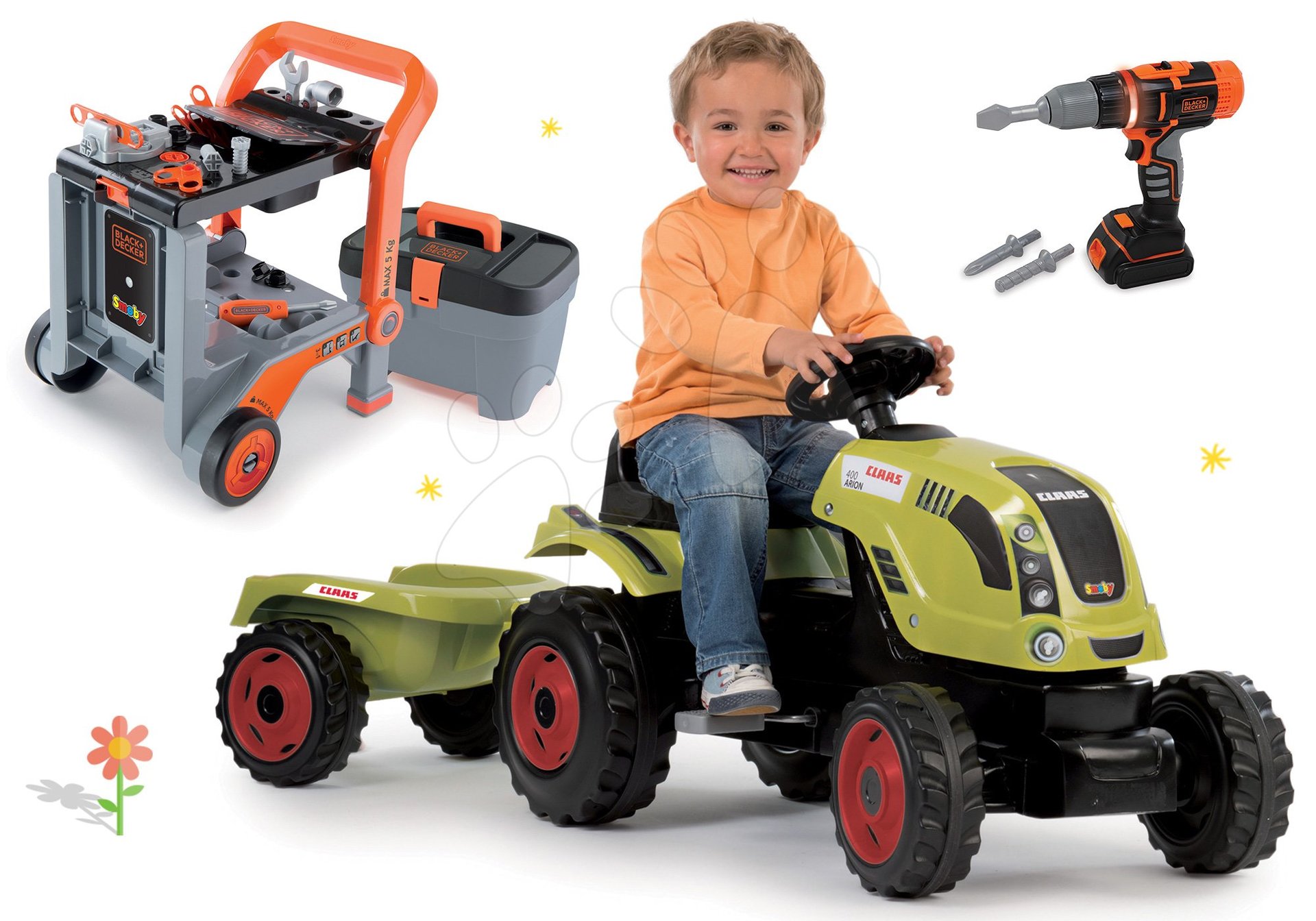 Smoby set traktor Claas Farmer XL na šliapanie s prívesom Smoby a pracovná dielňa Black&Decker 3v1 s elektronickou vŕtačkou 710114-6