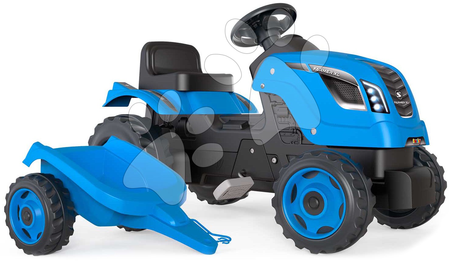 Dječja vozila na pedale - Traktor na pedale i prikolica Farmer XL Blue Tractor+Trailer Smoby plavi s podesivom sjedalicom i zvukom 142 cm