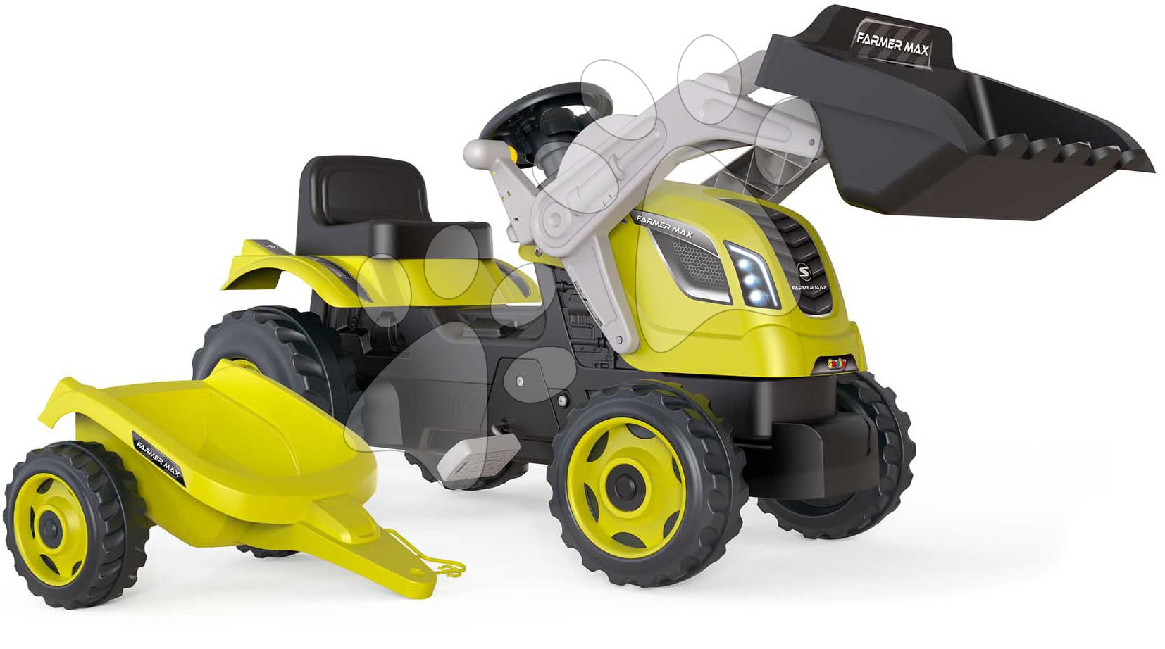 Pedálos gyermekjárművek - Pedálos traktor homlokrakodóval és utánfutóval Farmer Max Green Tractor+Trailer Smoby zöld állítható üléssel és hanggal 169 cm