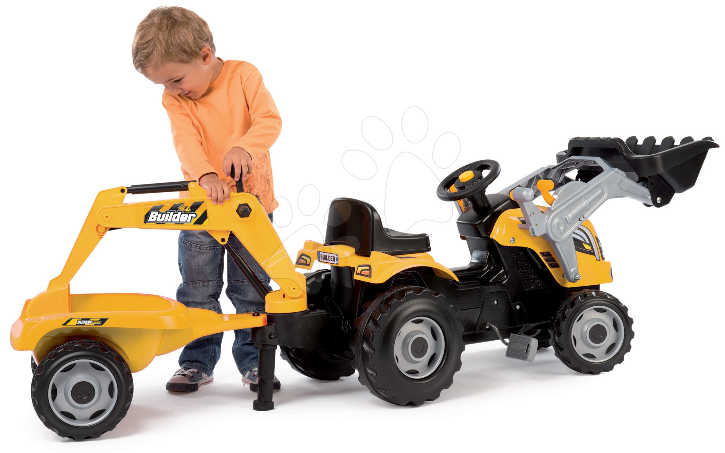 Detské šliapacie vozidlá - Traktor s bagrom a nakladačom Builder Max Smoby s vlekom na šliapanie