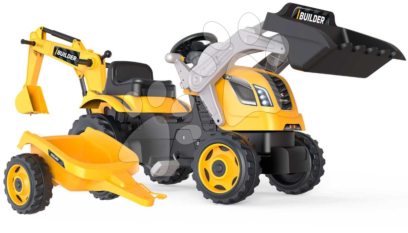Pedálos gyermekjárművek - Pedálos traktor homlokrakodóval és markolóval Builder Max Tractor+Trailer Smoby állítható üléssel és hanggal 182 cm