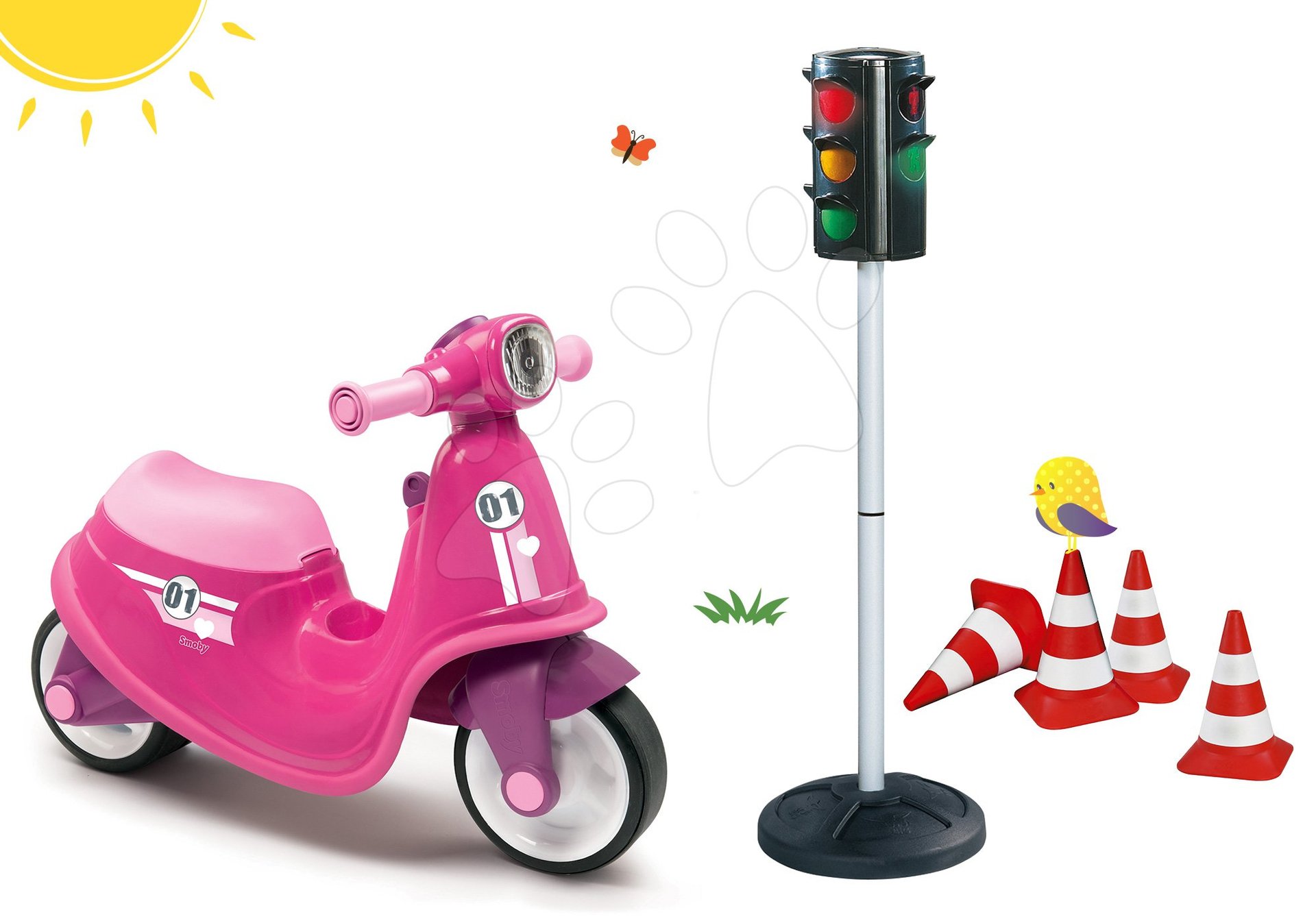 Smoby set odrážadlo Scooter Pink s gumenými kolesami a semafor s cestnými kužeľmi 721002-7