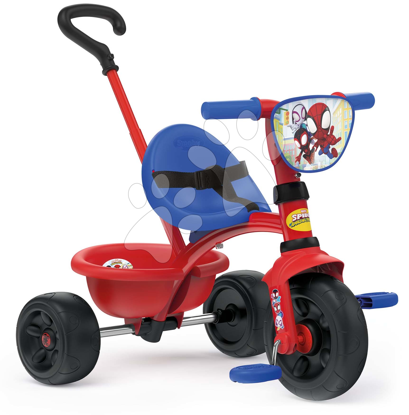 Tricikli Spidey Be Fun Tricycle Smoby tolókarral és szabadonfutó 15 hó-tól