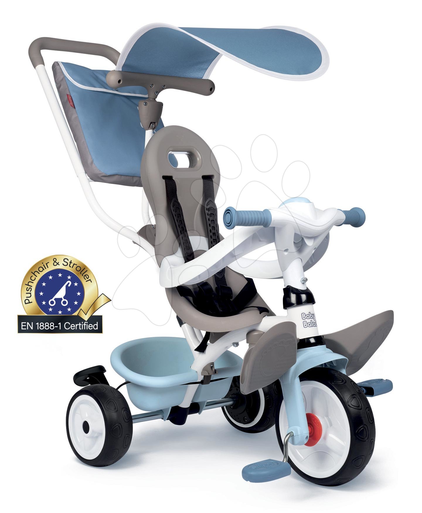 E-shop Trojkolka a kočík v jednom s vysokou opierkou Baby Balade Plus Tricycle Blue Smoby s brzdou a EVA kolesami modrá od 10 mes