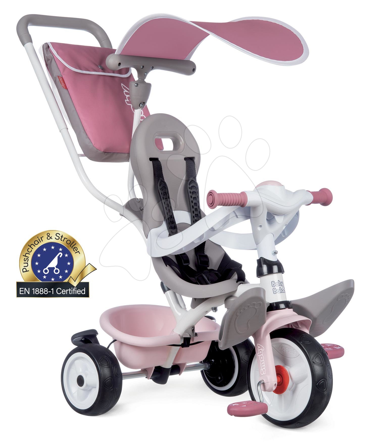 Tříkolky od 10 měsíců - Tříkolka a kočárek v jednom s vysokou opěrkou Baby Balade Plus Tricycle Pink Smoby s brzdou a EVA koly růžová od 10 měsíců