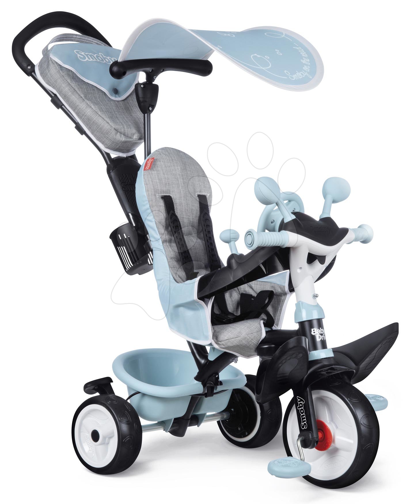 Triciklik 10 hónapos kortól - Tricikli és babakocsi egyben fékkel Baby Driver Plus Blue Smoby EVA kerekekkel és intuitív vezérléssel kék 10 hó-tól
