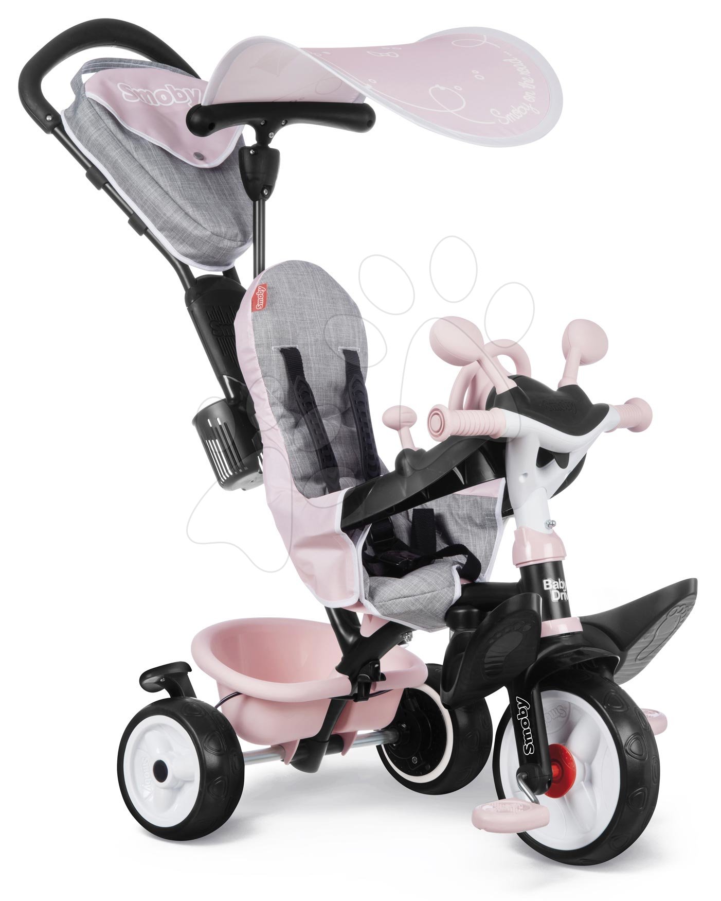 Triciklik 10 hónapos kortól - Tricikli és babakocsi egyben fékkel Baby Driver Plus Pink Smoby EVA kerekekkel és intuitív vezérléssel rózsaszín 10 hó-tól