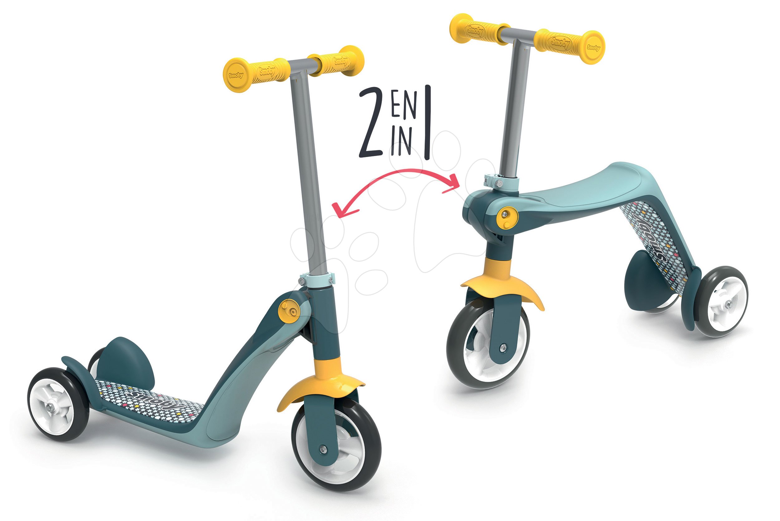 Roller&bébitaxi Reversible 2in1 Scooter Smoby háromkerekű acélszürke-sárga 53/63 cm magas kormány teherbírása 20 kg 18 hó-tól