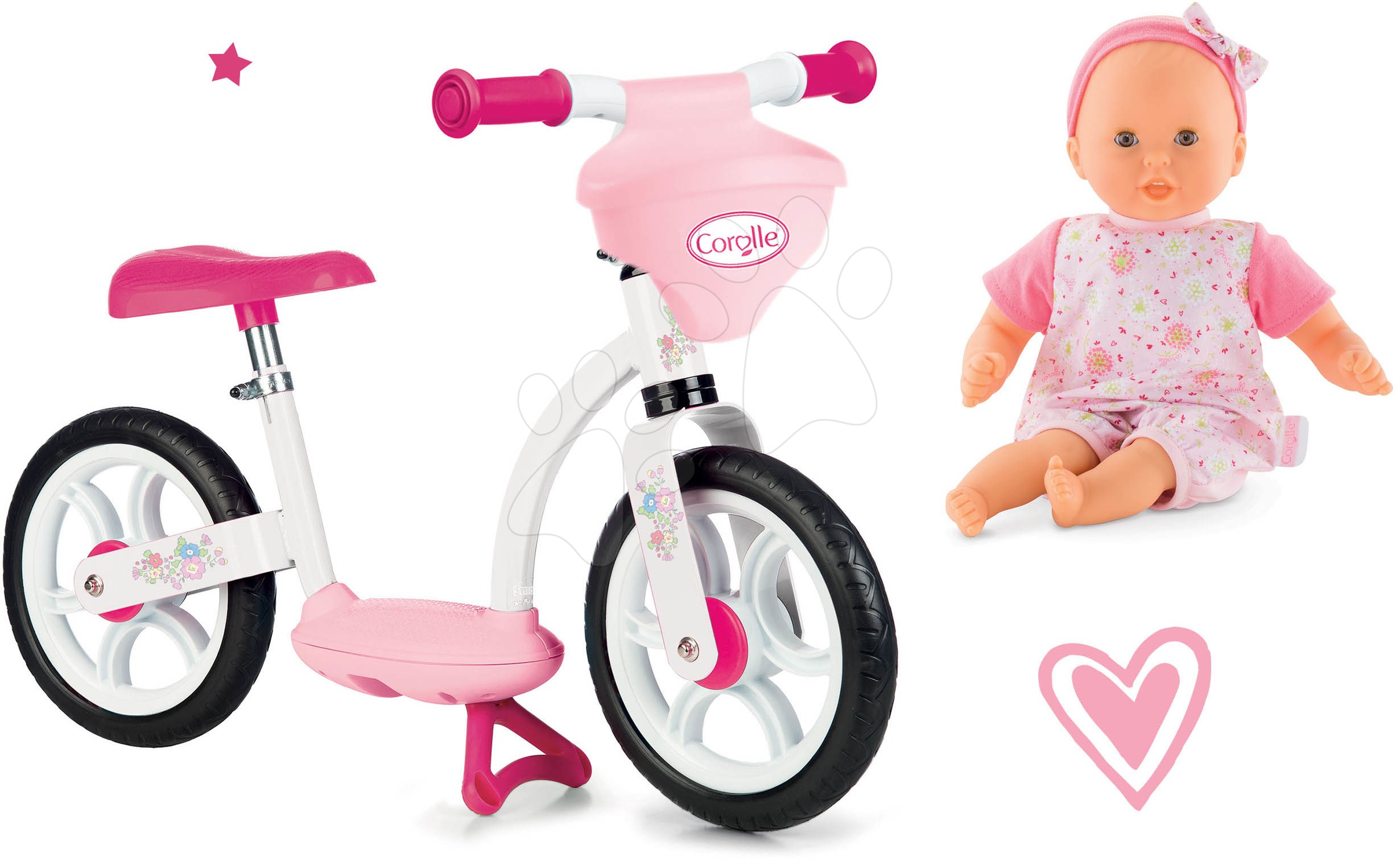 Set cavalcabili - Set bici senza pedali di equilibrio con cestino Corolle Comfort Smoby con bambola Luise con 4 suoni e 3 melodie