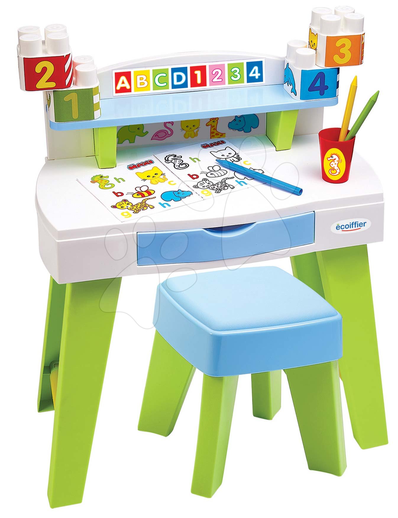 Asztal rajzolásra és alkotásra My Very First Desk Maxi Abrick Écoiffier kisszékkel és kifestőkkel és kockákkal 12-36 hó korosztálynak