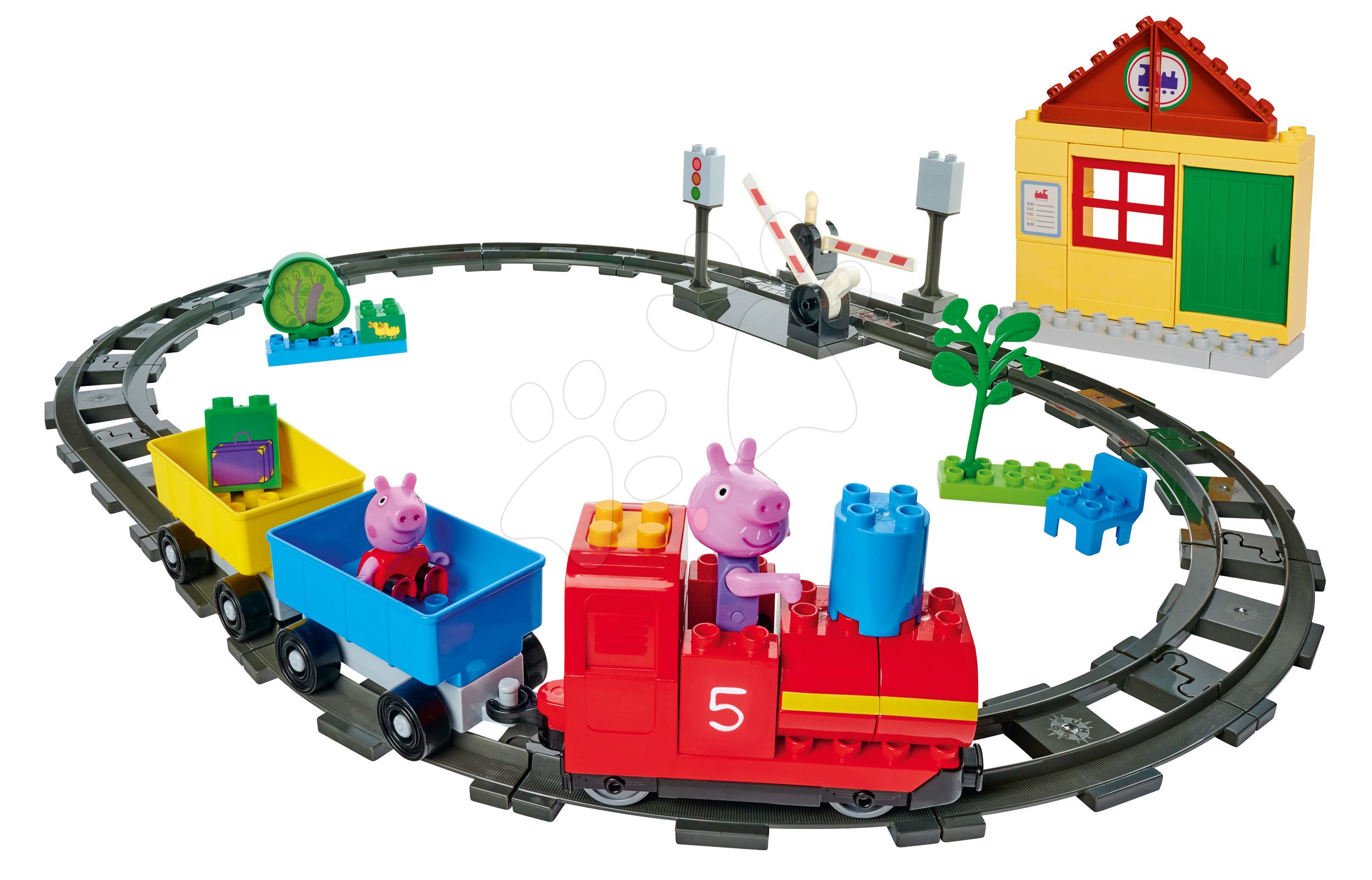 E-shop Stavebnica Peppa Pig Train Fun PlayBIG Bloxx železnica s vlakom a domčekom s 2 figúrkami od 1,5-5 rokov