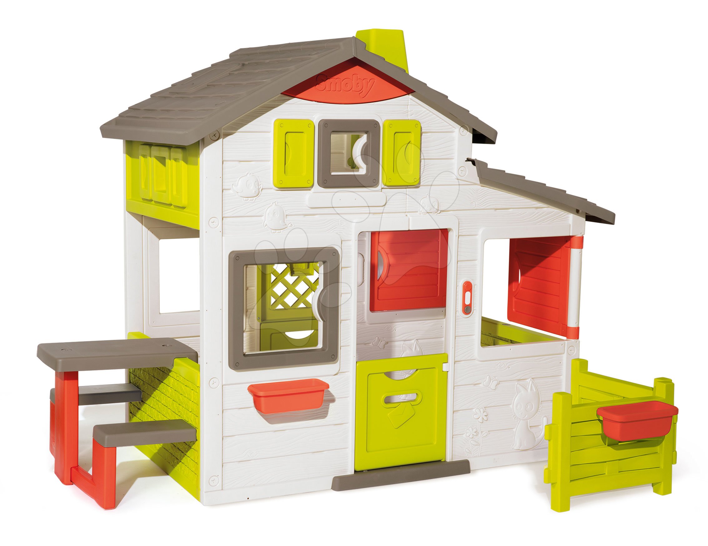 Domečky pro děti - Domeček Přátel prostorný Neo Friends House Smoby se zahrádkou rozšiřitelný 2 dveře 6 oken a piknik stolek 172 cm výška s UV filtrem