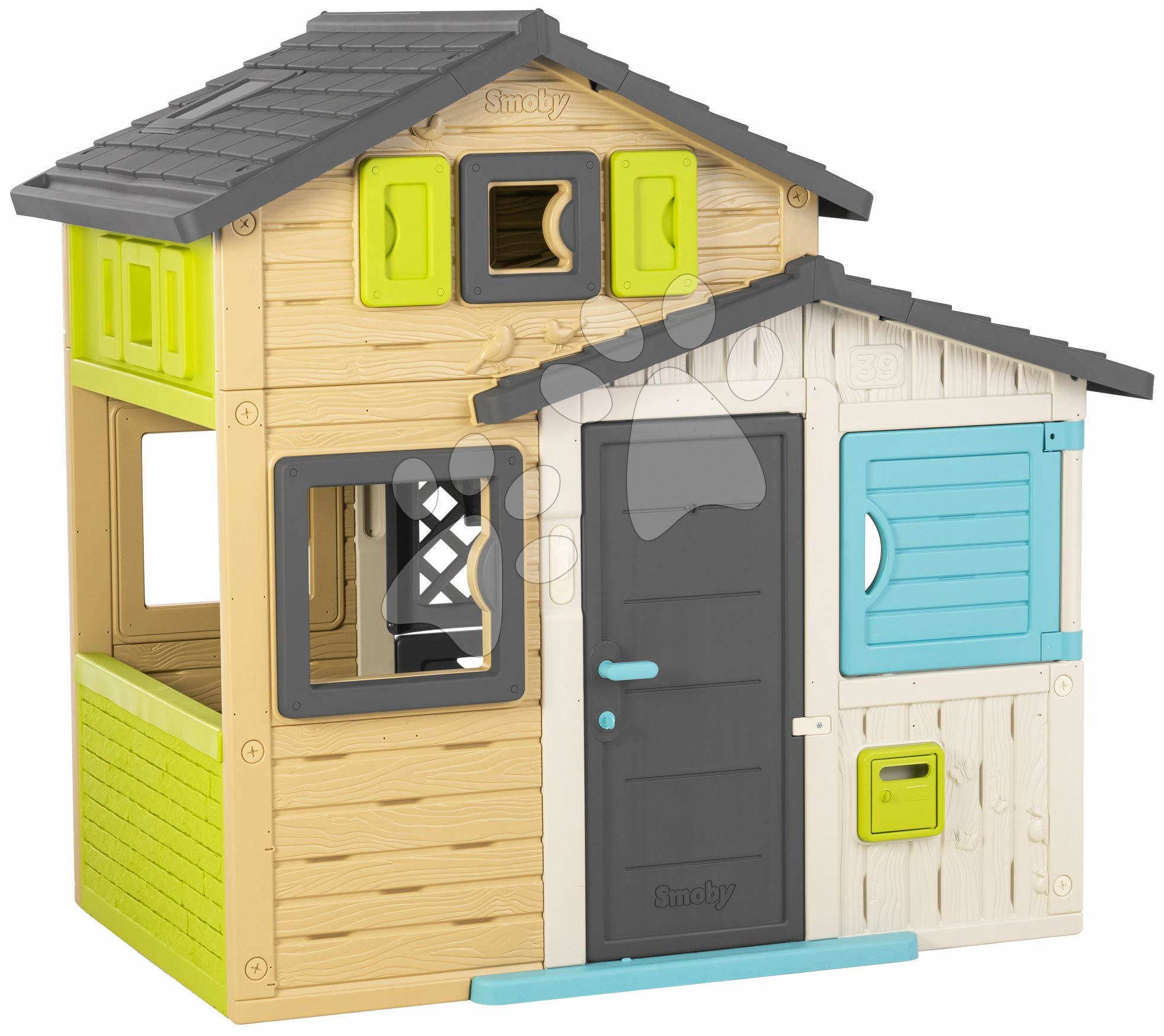 Domčeky pre deti - Domček Priateľov v elegantných farbách Friends House Evo Playhouse Smoby rozšíriteľný 2 dvere s kľúčom 6 okien s UV filtrom 162 cm výška