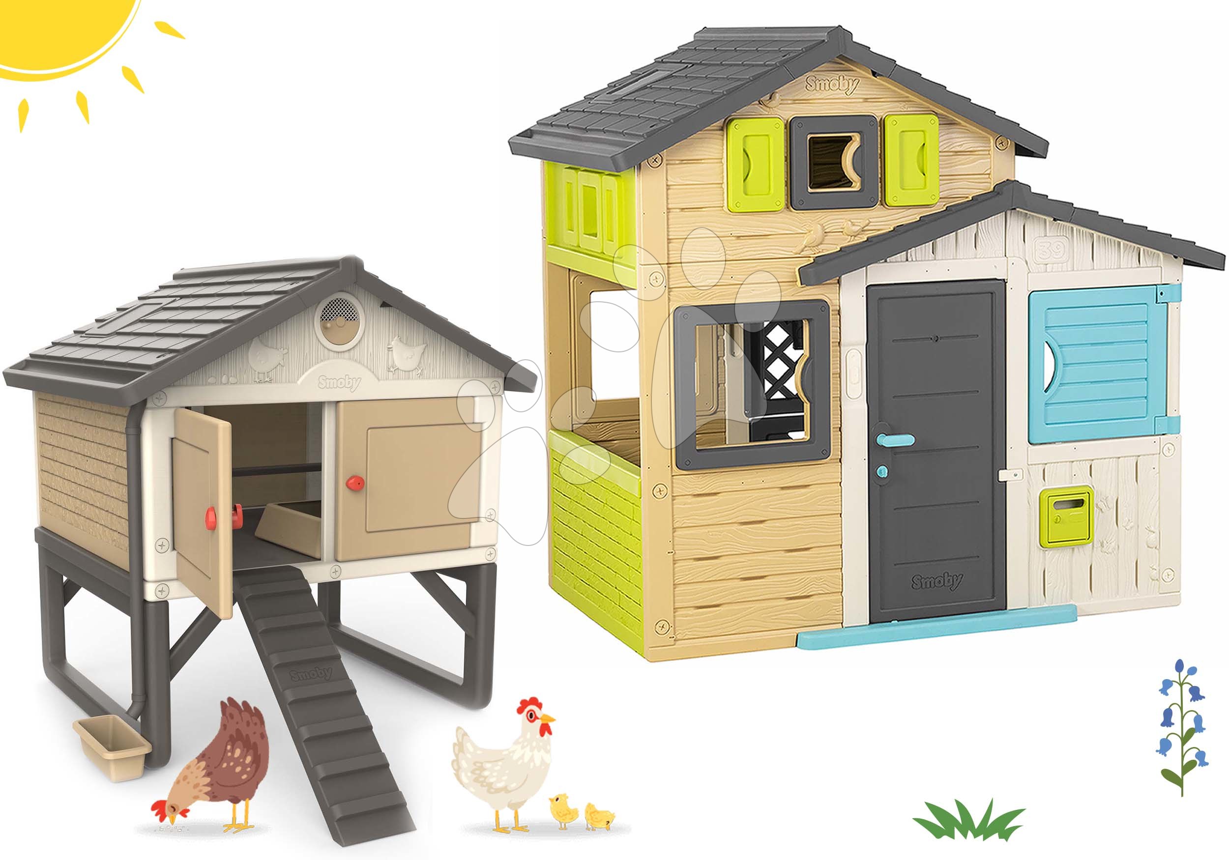 Hišice s pohištvom - Komplet hišica Prijateljev in hiška za kokoške v elegantnih barvah Friends House Evo Playhouse Smoby z možnostjo nadgradnje