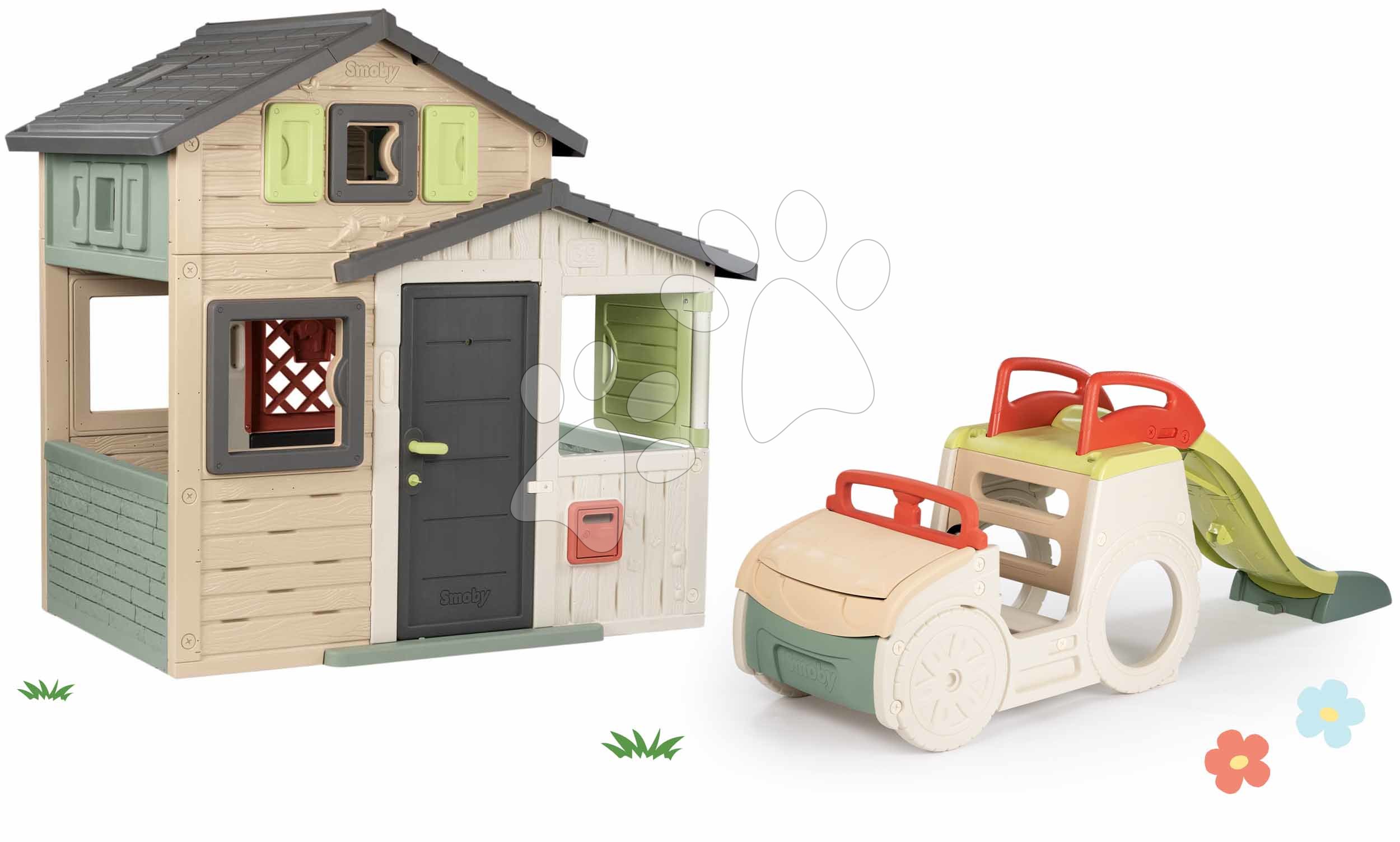 Set domeček Přátel s plnými dveřmi a prolézačka Auto Friends Evo Life Playhouse Smoby s pískovištěm a skluzavka s vodotryskem rozšiřitelný