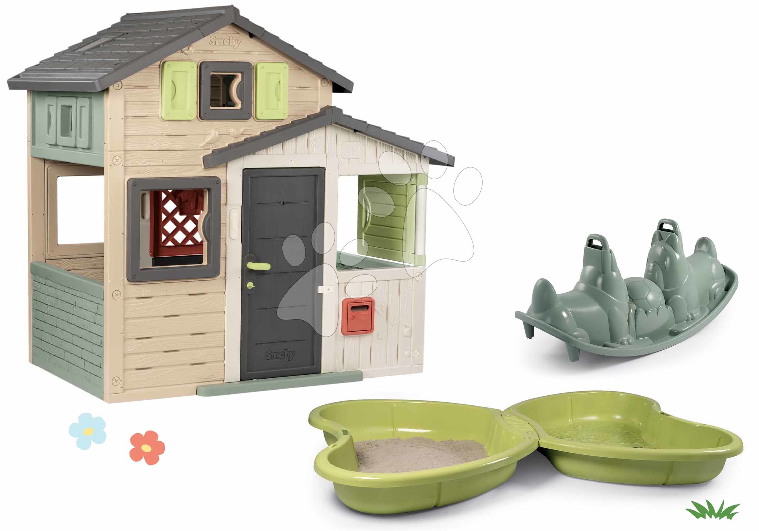 Set domeček Přátel s plnými dveřmi a pískoviště Motýl Friends Evo Life Playhouse Smoby s obojstrannou houpačkou rozšiřitelný