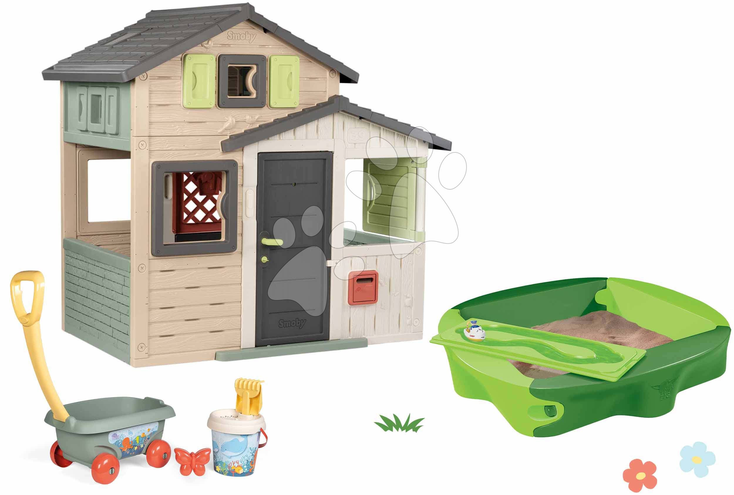 Set domeček Přátel s plnými dveřmi a pískoviště Friends Evo Life Playhouse Smoby rozšiřitelný s vozíkem a kbelík setem