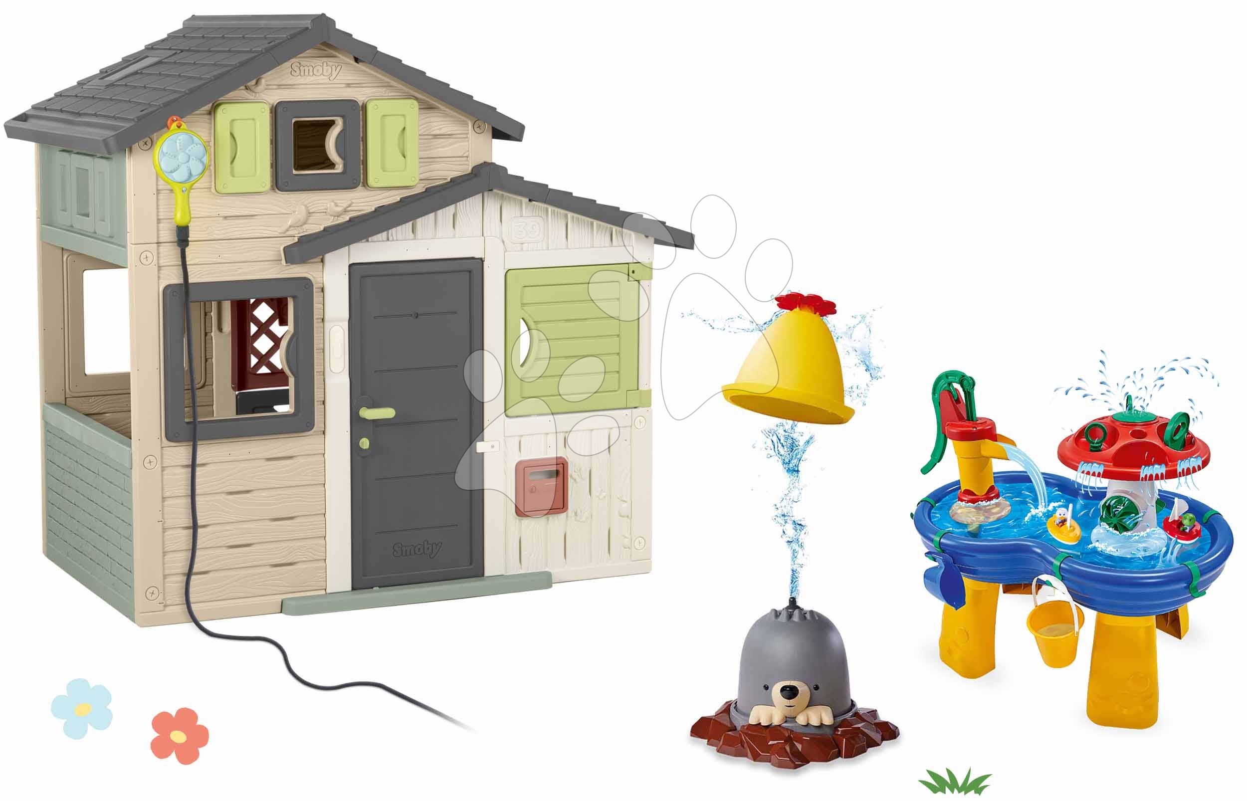 Set domeček Přátel s plnými dveřmi a vodní stůl Friends Evo Life Playhouse Smoby rozšiřitelný a vodní hra Krtek s vodotryskem