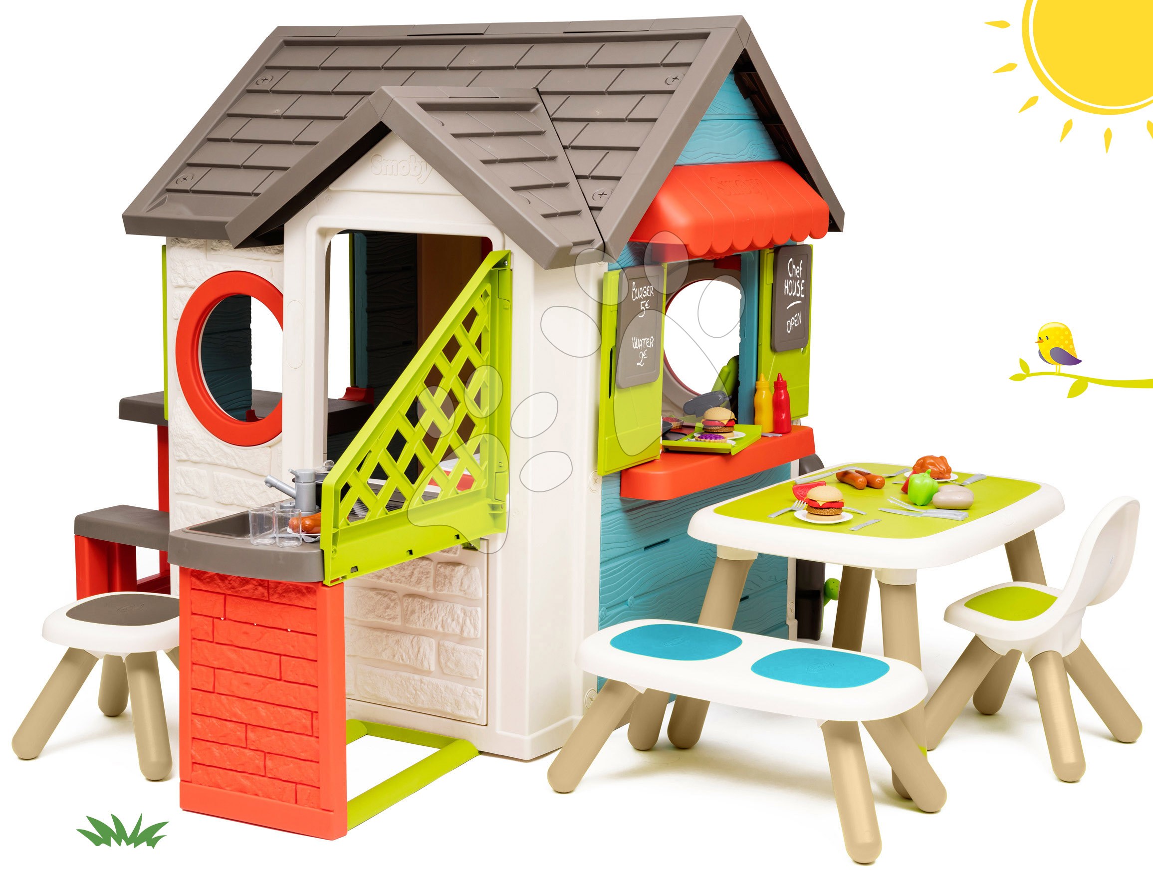 Domčeky s nábytkom - Domček so záhradnou reštauráciou Chef House DeLuxe Smoby a zeleným posedením a plotom