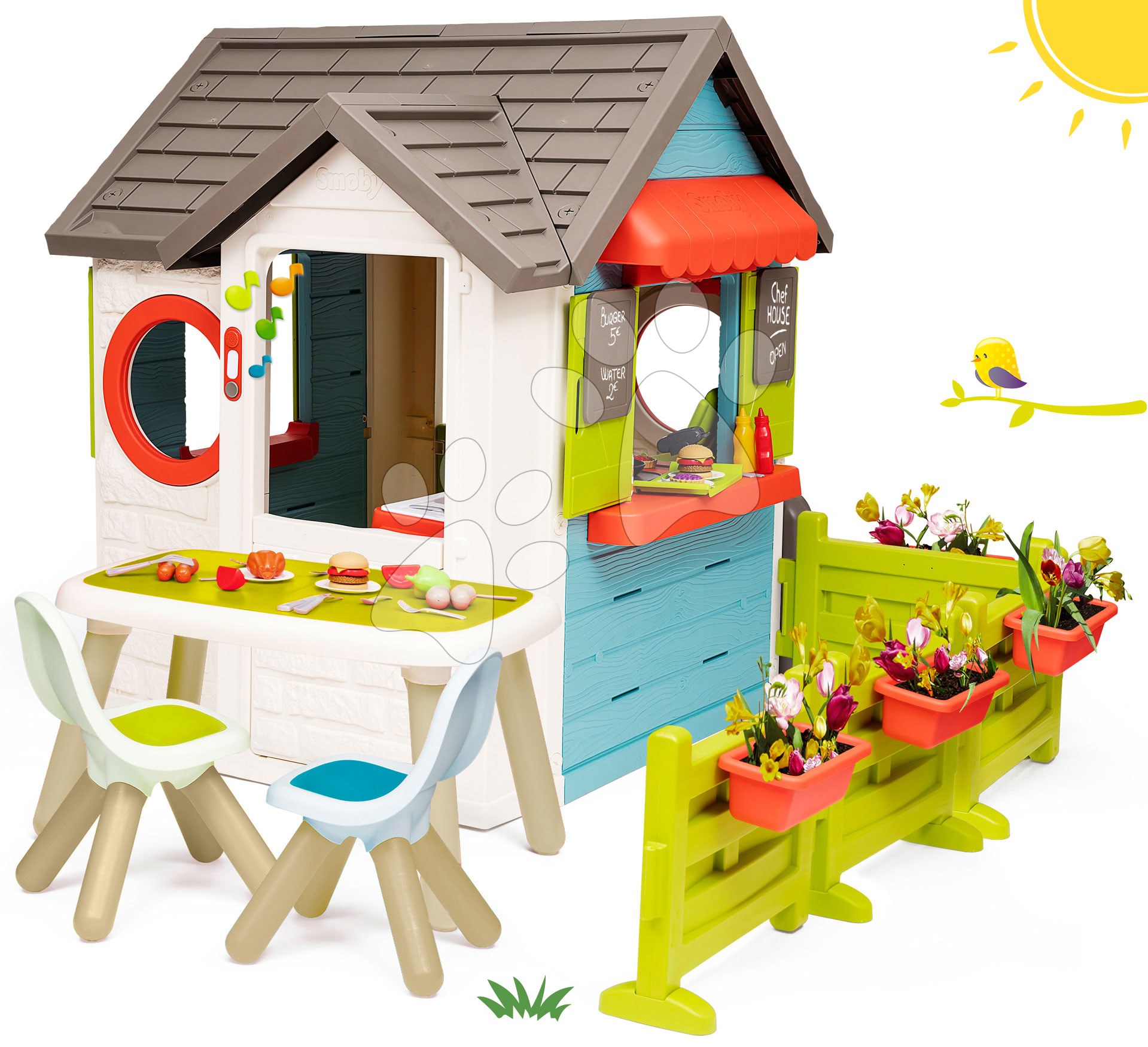 Spielhäuser mit Möbeln - Häuschen mit einem Gartenrestaurant Chef House DeLuxe Smoby mit Tisch und Garten