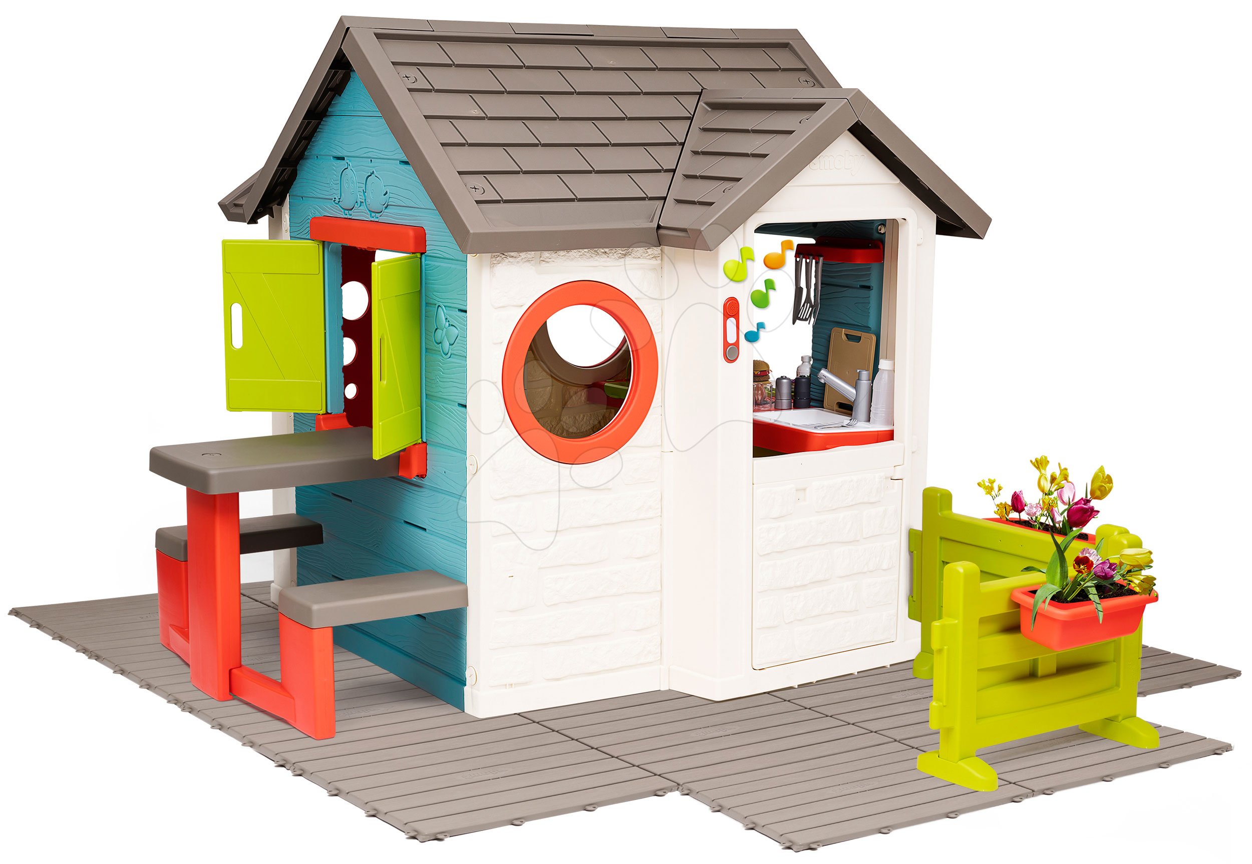 Kerti játszóházak gyerekeknek - Házikó kerti büfével Chef House DeLuxe Smoby padlóburkolat, asztal és előkert