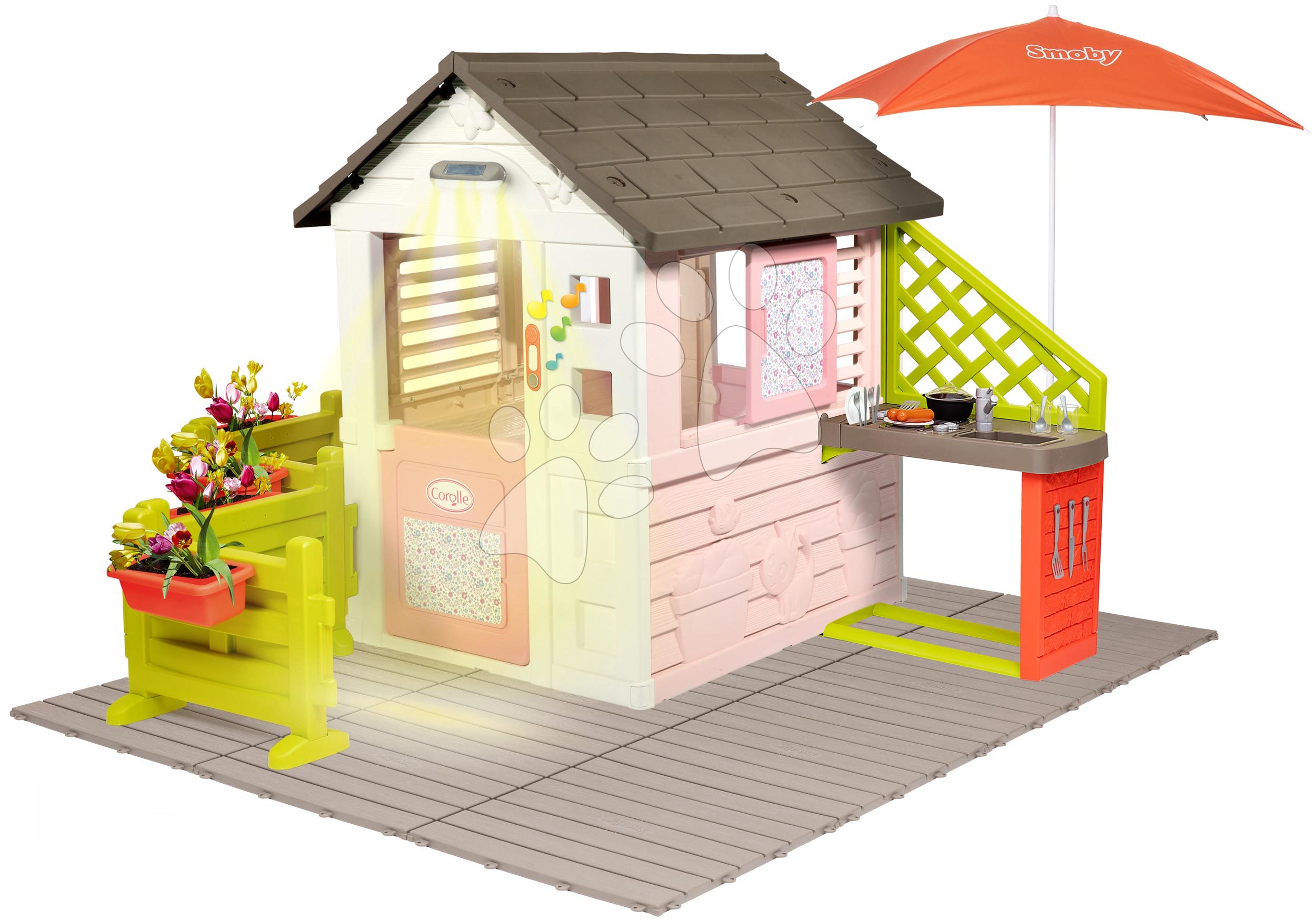 Domček Corolle Playhouse Smoby na podlahe s kuchynkou a malou záhradkou so slnečníkom