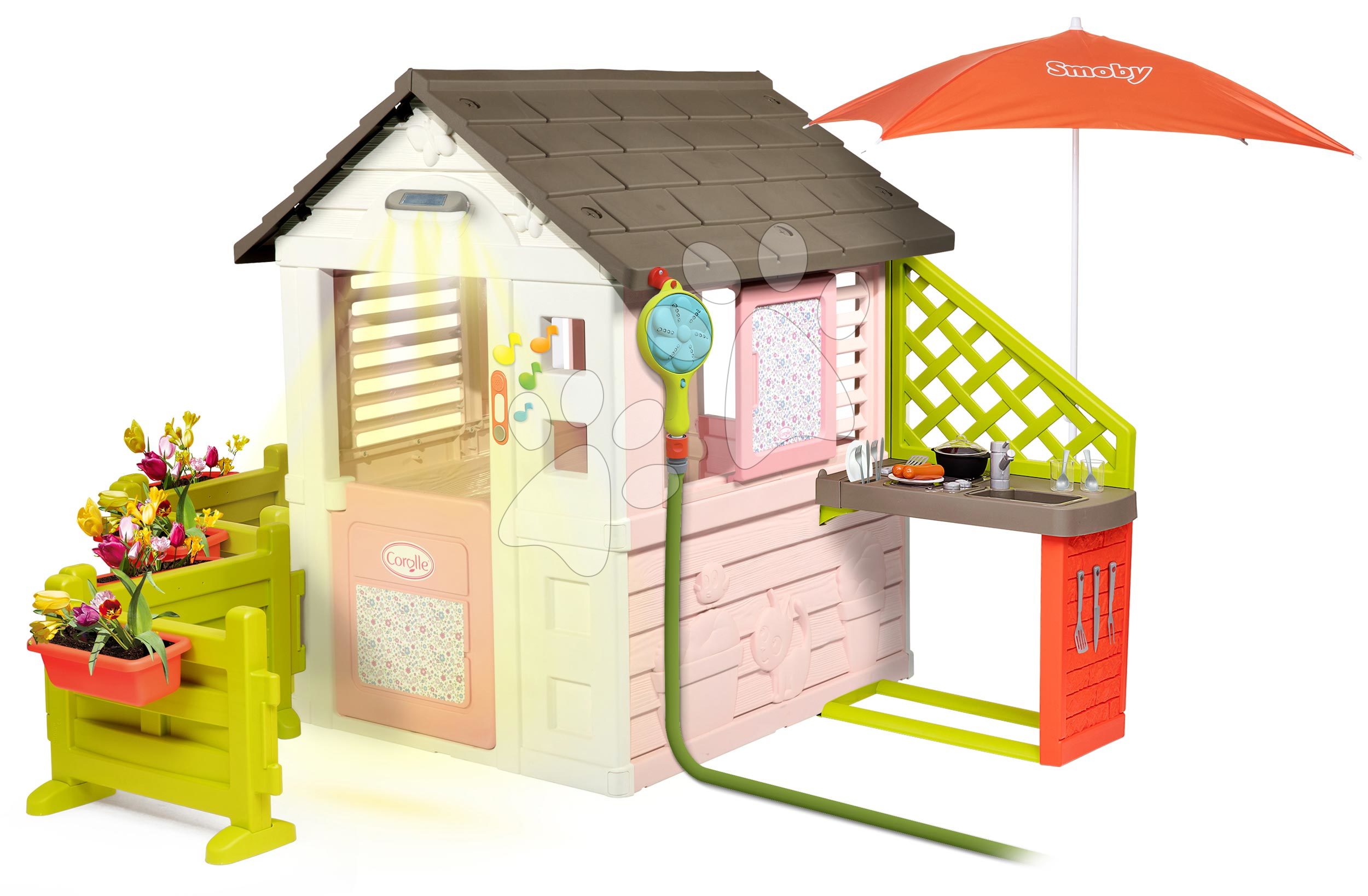 Domček Corolle Playhouse Smoby na záhradke so sprchou a kuchynka pod slnečníkom