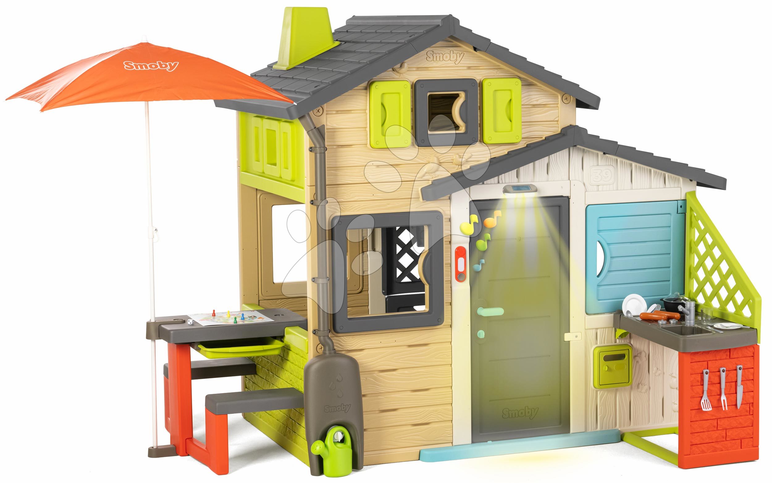 Hišice za otroke - Hišica Prijateljev z mizo pod senčnikom v elegantnih barvah Friends House Evo Playhouse Smoby z možnostjo nadgradnje in igrami