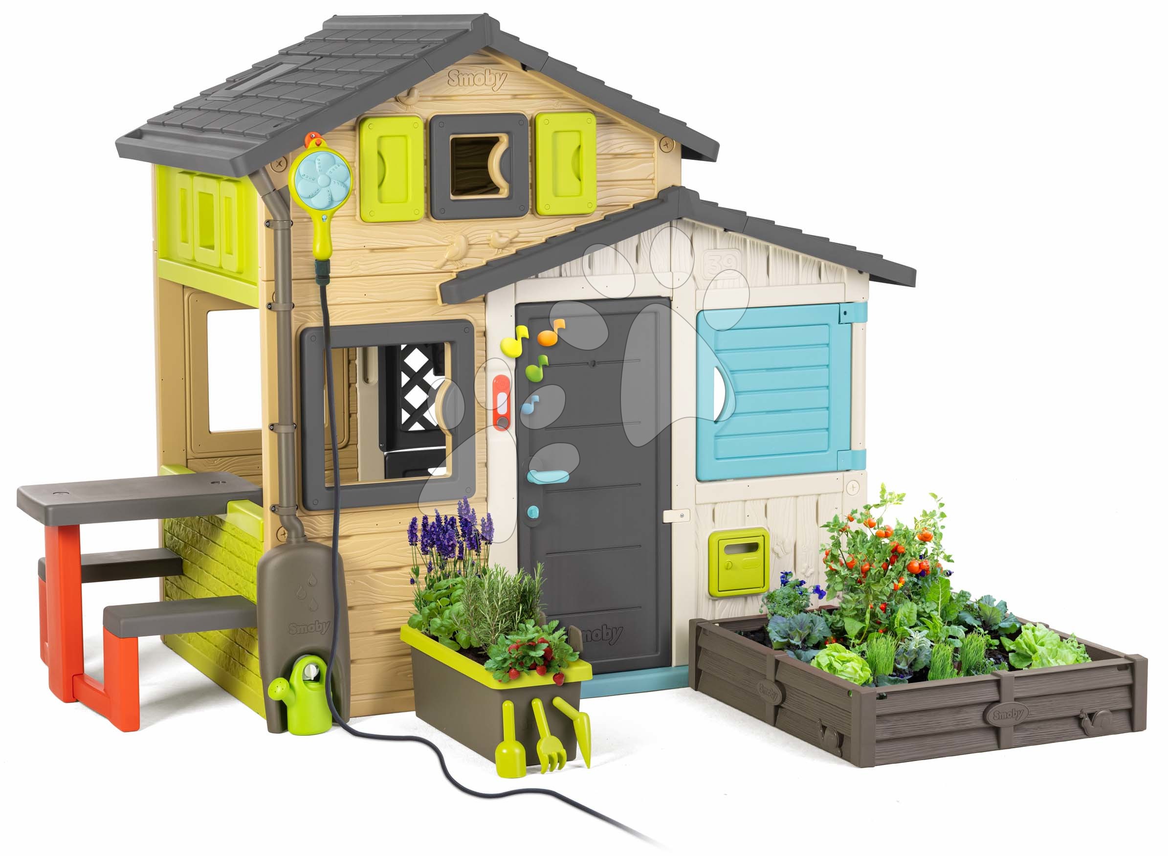 Speciálisan csak nálunk - Házikó Jóbarátok kerttel elegáns színekben Friends House Evo Playhouse Smoby bővíthető zuhanyfejjel