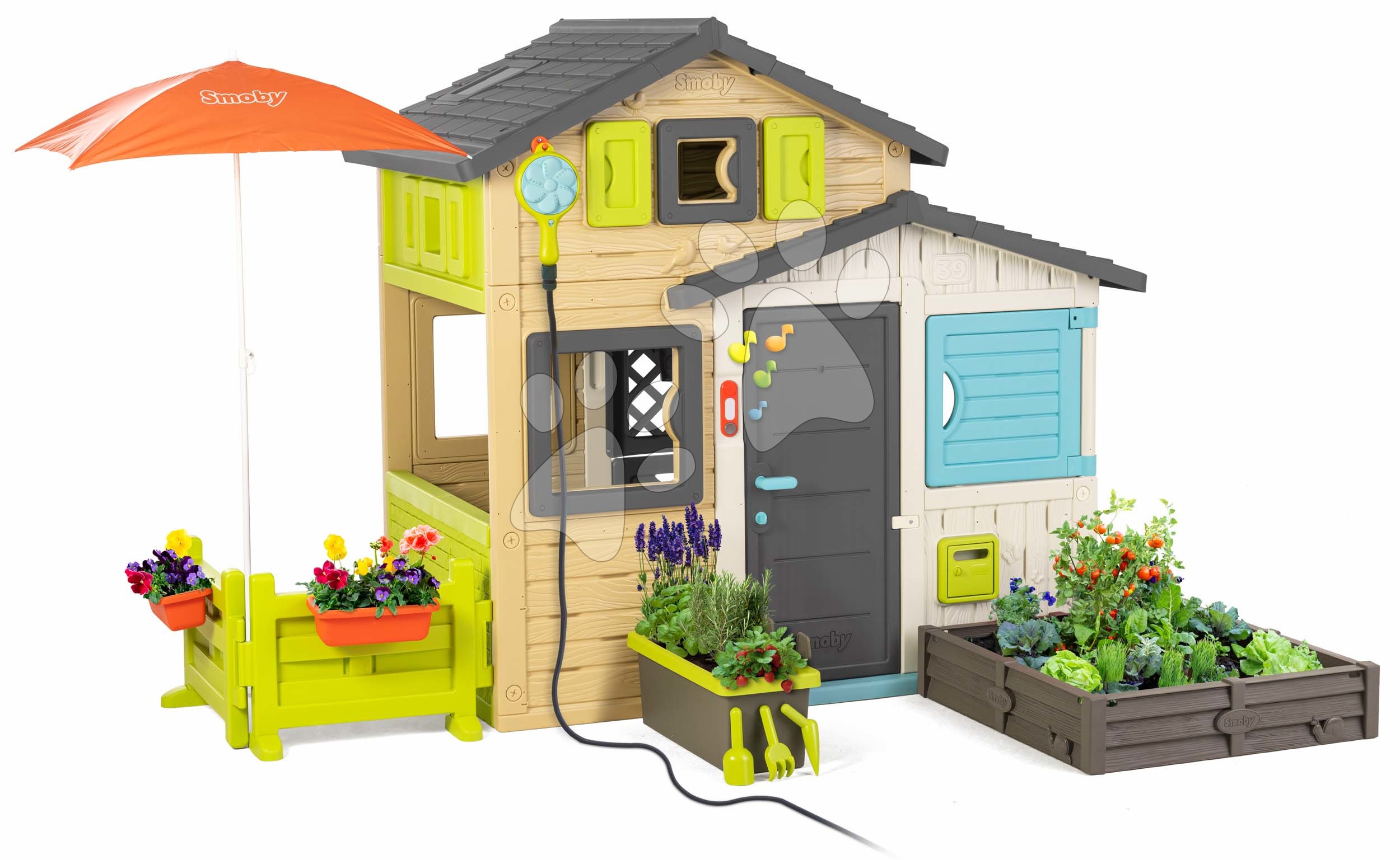 Domčeky s pieskoviskom - Domček Priateľov so záhradkou pod slnečníkom v elegantných farbách Friends House Evo Playhouse Smoby rozšíriteľný