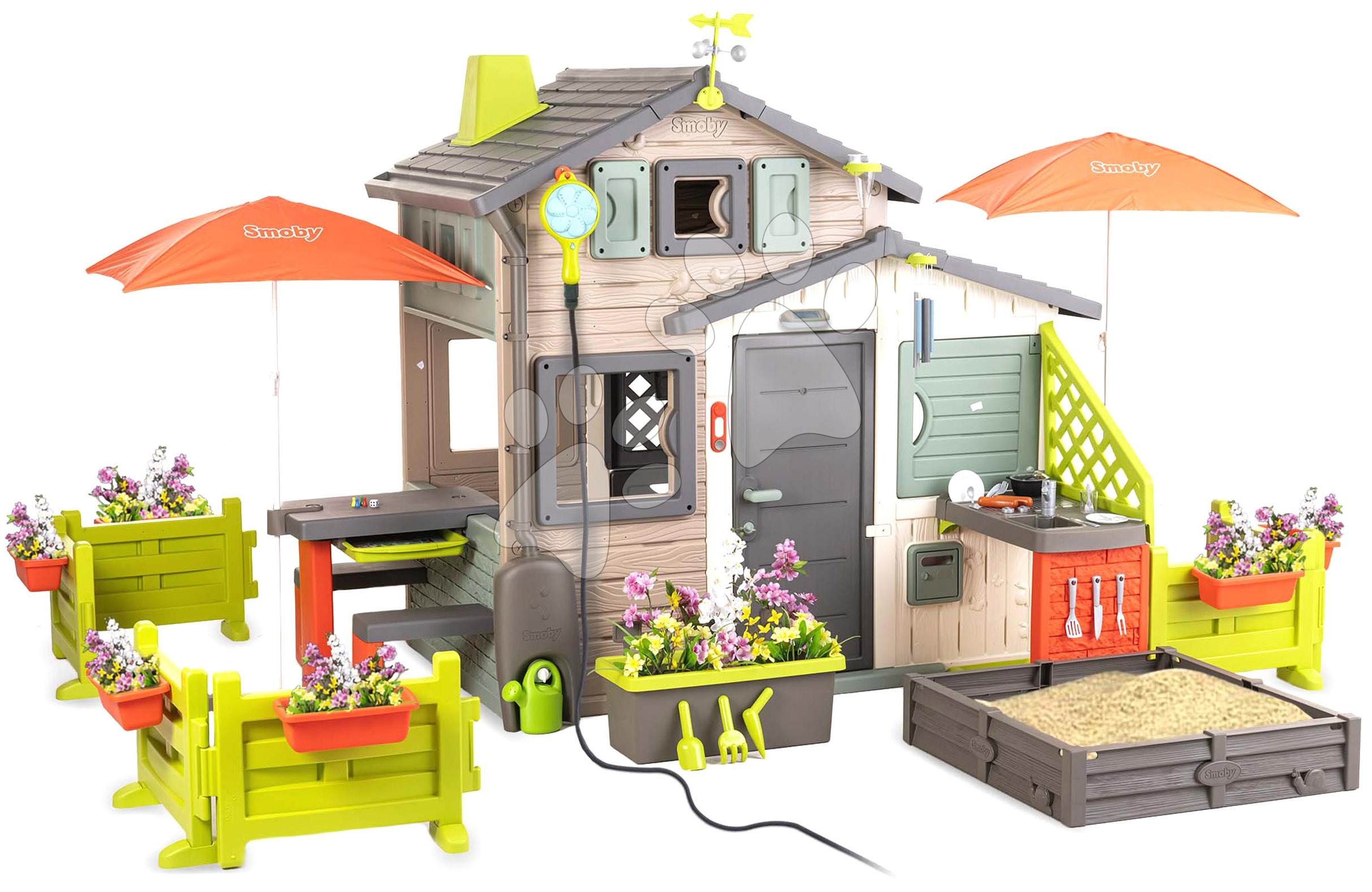 Domeček Přátel ekologický s velkou zahradou v přírodních barvách Friends House Evo Playhouse Green Smoby rozšiřitelný