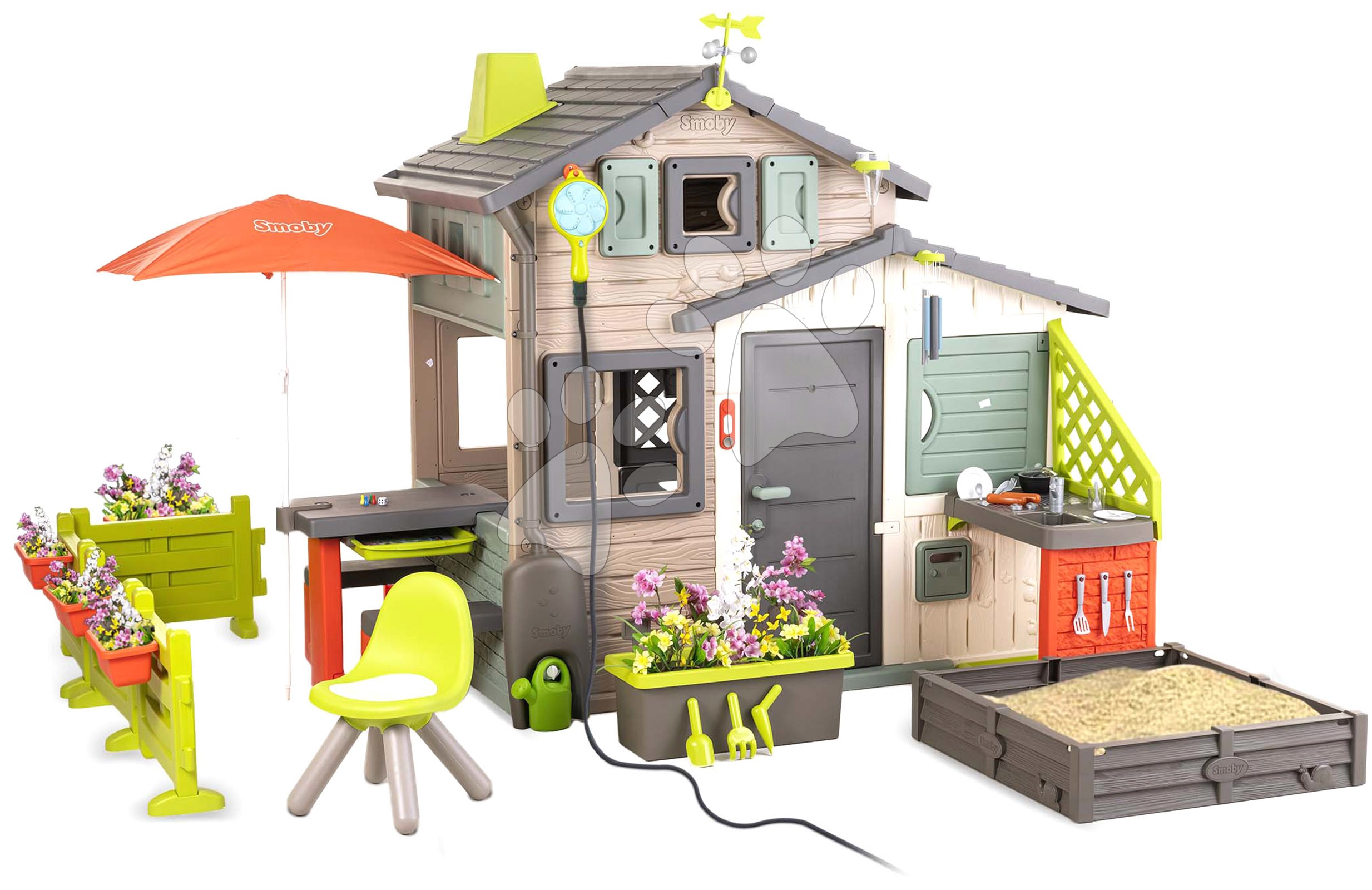 Domeček Přátel ekologický se zahradou pod slunečníkem v přírodních barvách Friends House Evo Playhouse Green Smoby rozšiřitelný