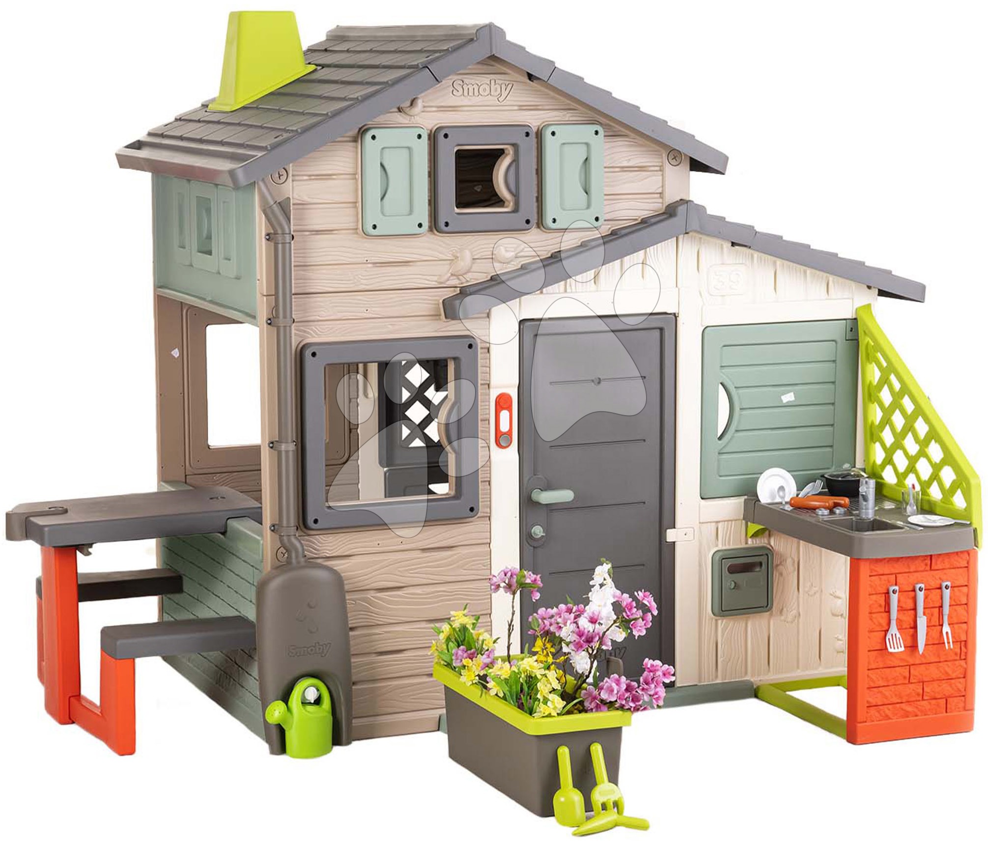 Domček Priateľov ekologický s kvetináčom pri kuchynke v prírodných farbách Friends House Evo Playhouse Green Smoby rozšíriteľný