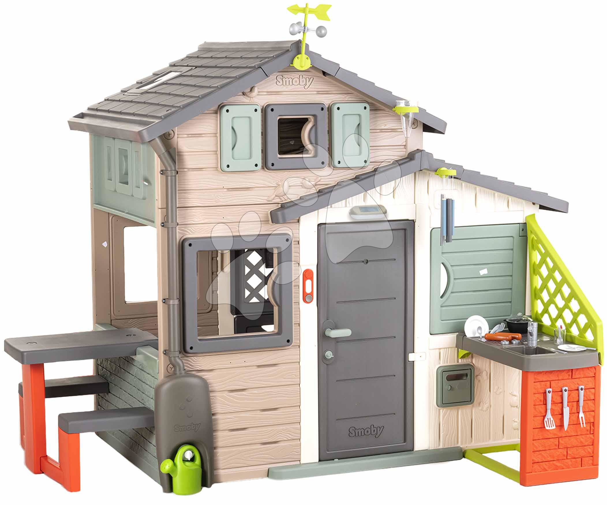 Domček Priateľov ekologický so záhradným osvetlením v prírodných farbách Friends House Evo Playhouse Green Smoby rozšíriteľný