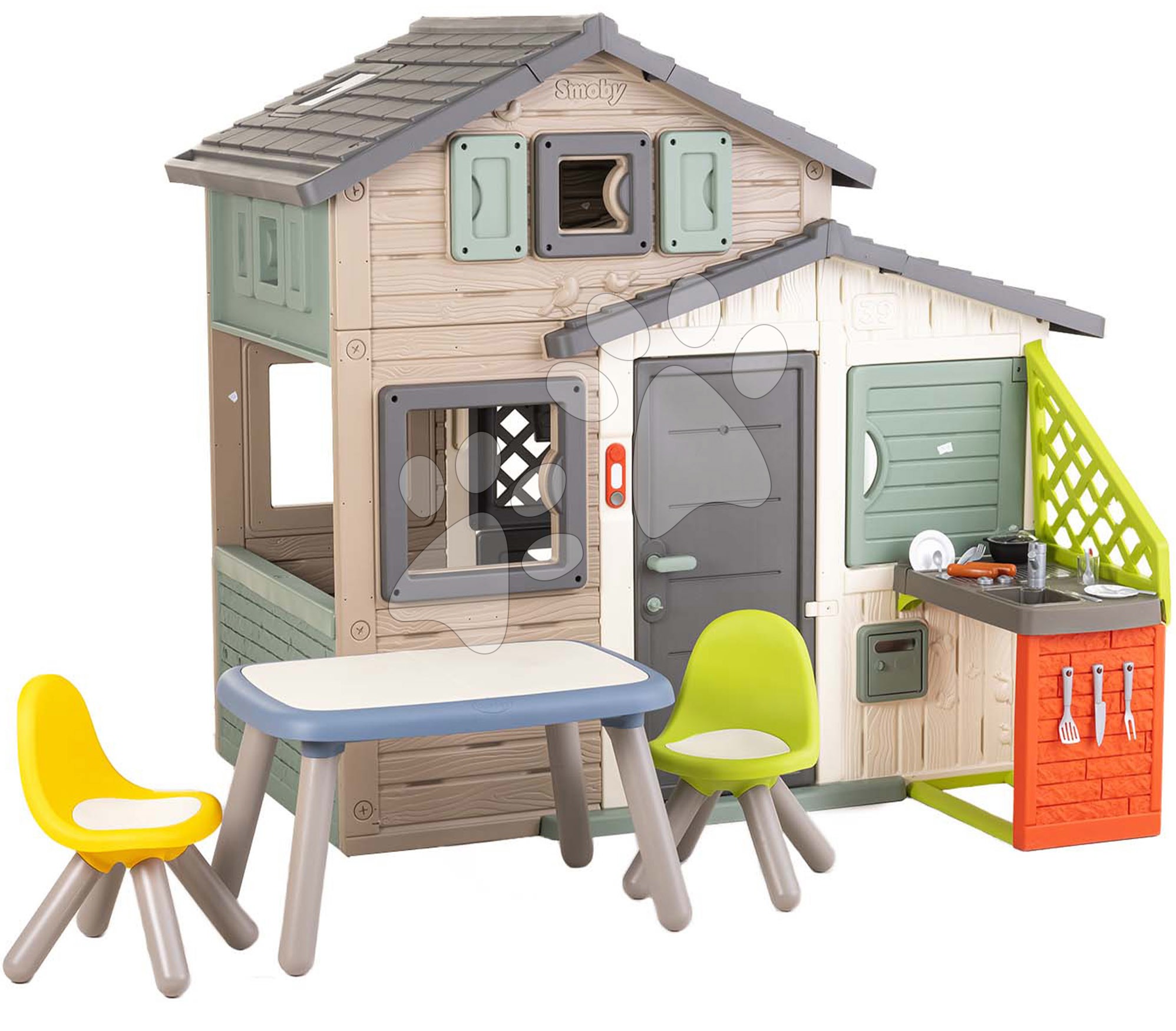 Domeček Přátel ekologický s posezením u kuchyňky v přírodních barvách Friends House Evo Playhouse Green Smoby rozšiřitelný