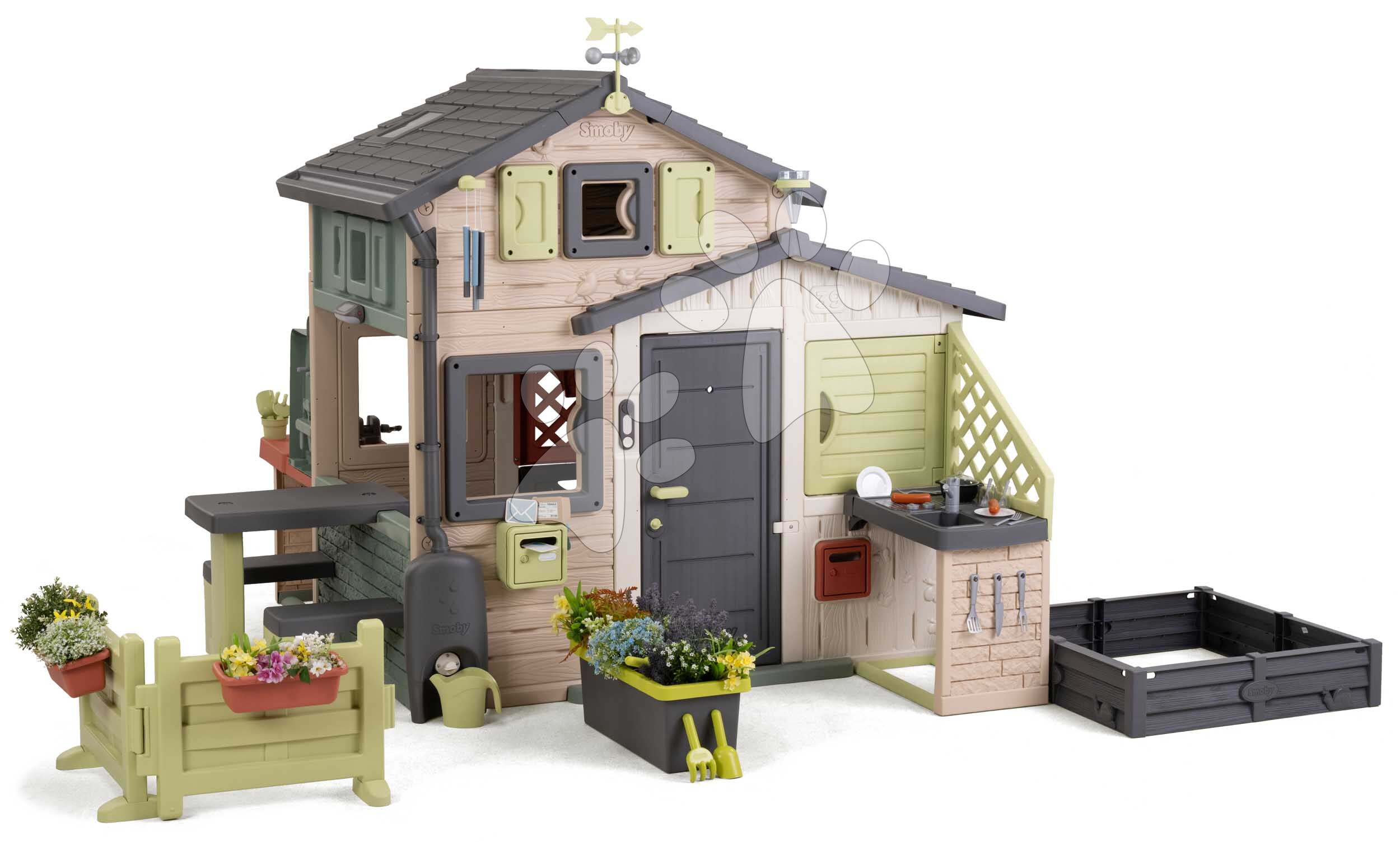 Domček Priateľov s pieskoviskom Friends Evo Playhouse Life Smoby s plnými dverami rozšíriteľný s UV filtrom