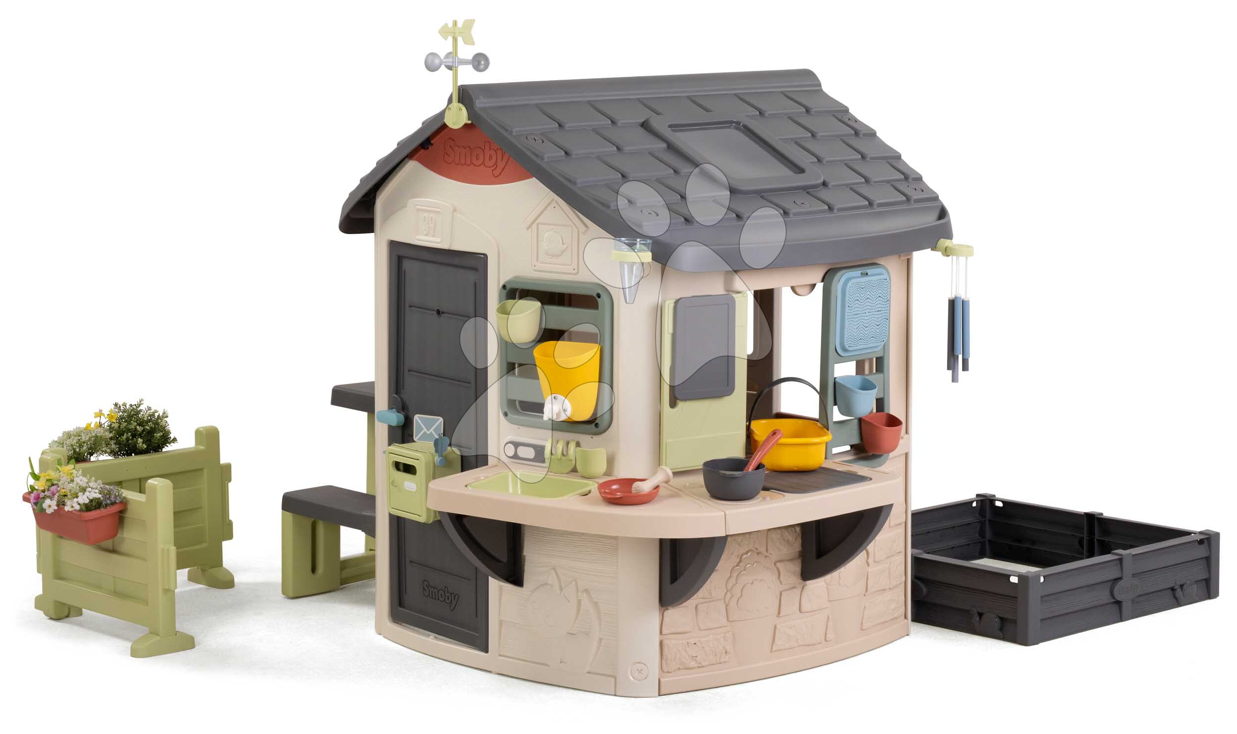 Domček s pieskoviskom pri zadnom vchode Mud Cooking House Life Smoby s pracovným pultom rozšíriteľný s UV filtrom od 24 mes
