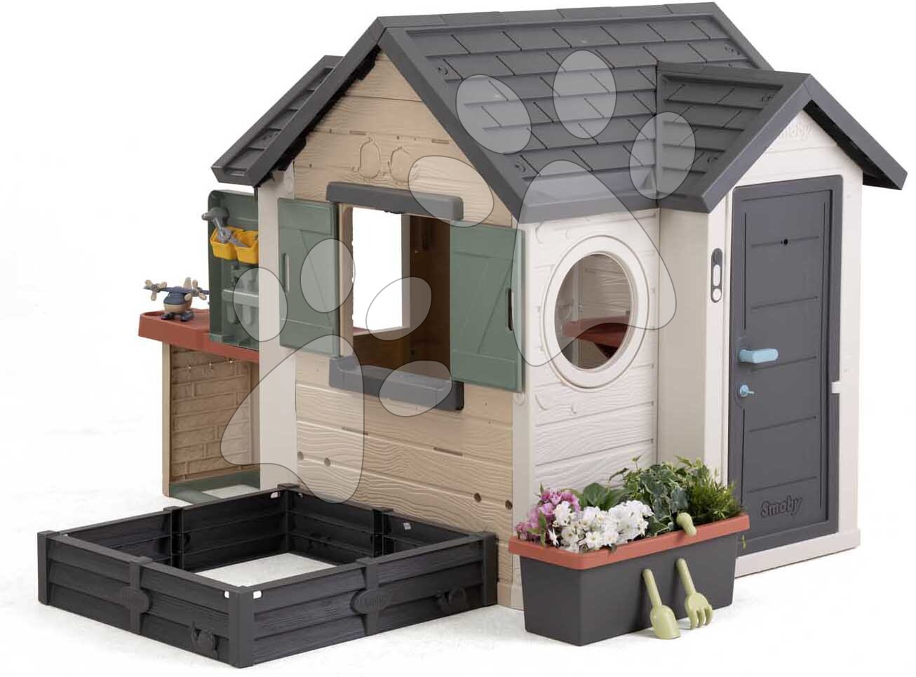 Domček Záhradník s pieskoviskom pod oknom Garden House Life Smoby s odkvapom rozšíriteľný s UV filtrom od 24 mes