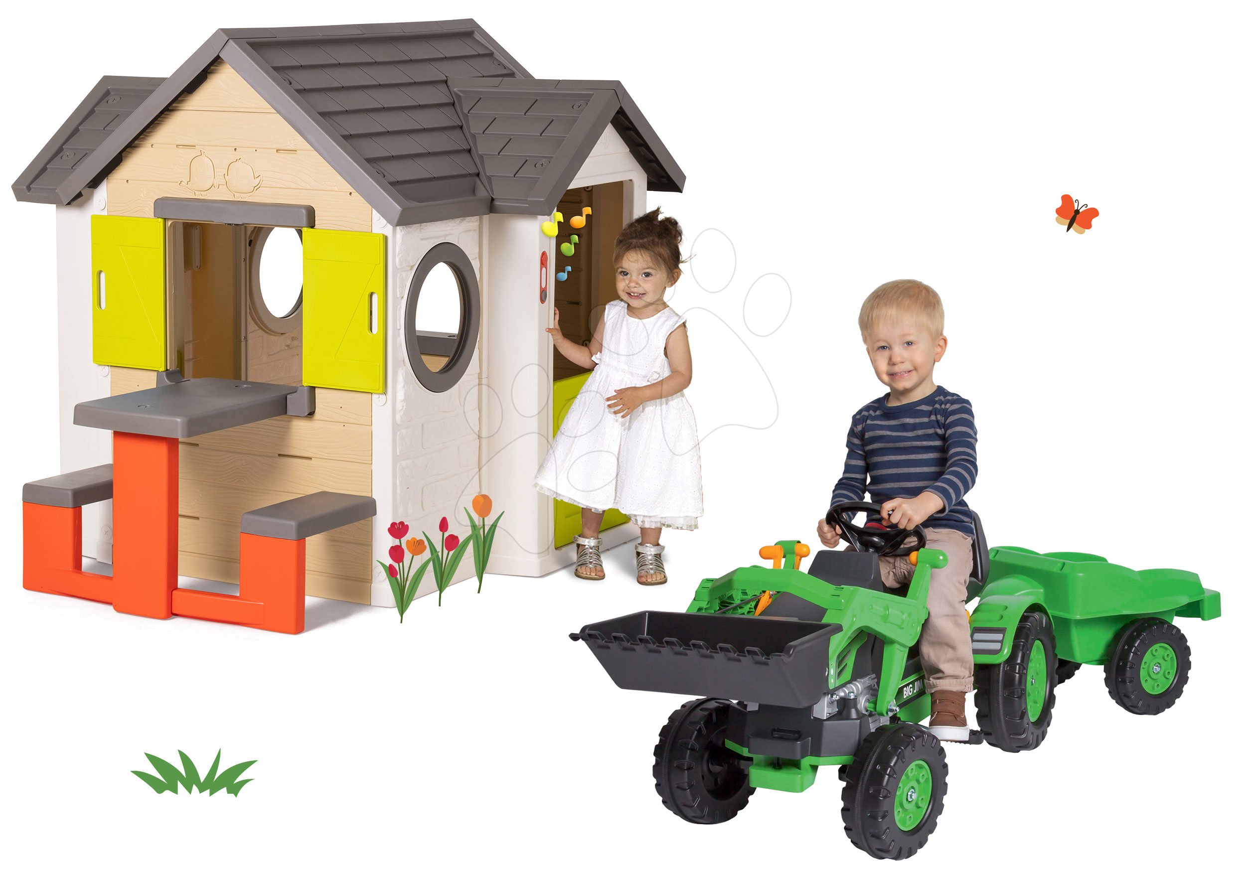 Smoby set detský domček My House Smoby so zvončekom a traktor na šliapanie s nakladačom a prívesom 810401-24