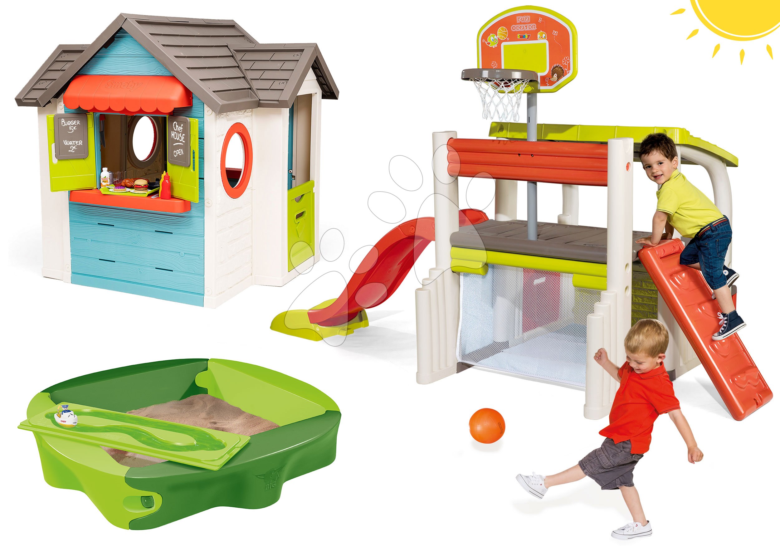 Spielhäuser mit Sandkasten - Set Häuschen mit Gartenrestaurant Chef House DeLuxe Smoby und ein Sportzentrum und ein Basketballkorb und ein Sandkasten mit Plane