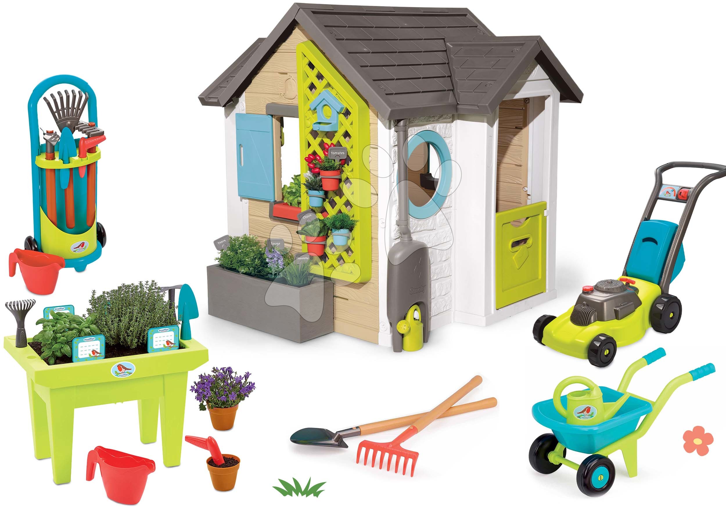 Set domček pre záhradníka s kosačkou so zvukom Garden House Smoby rozšíriteľný a stolík so záhradným náradím