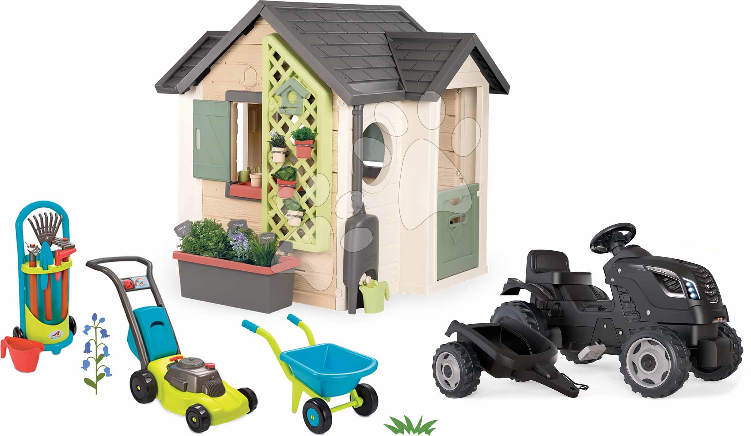 Set domček pre záhradníka a traktor s prívesom Farmer XL Garden House Life Smoby rozšíriteľný s kosačkou a záhradné náradie